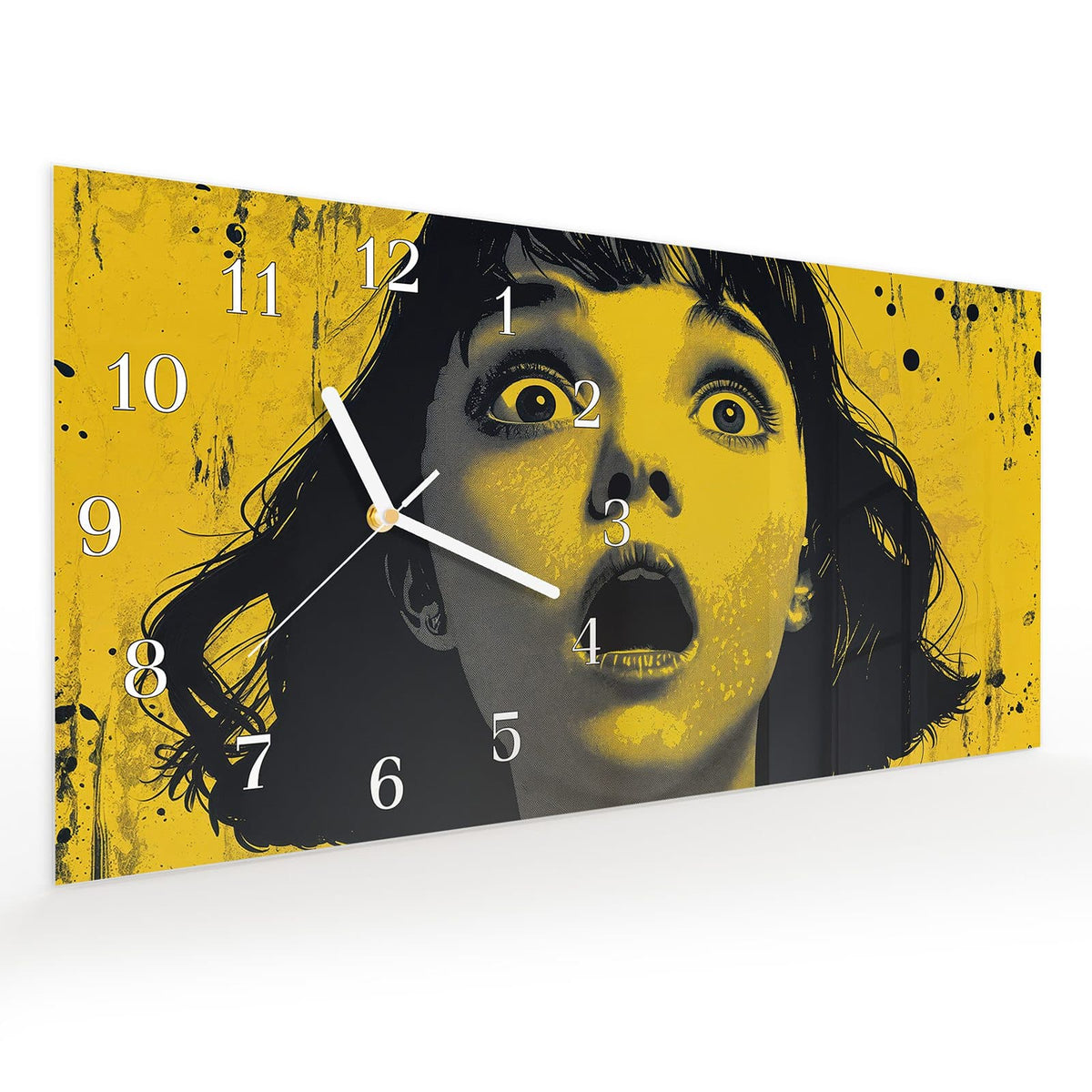Vormontiert – mit Schwebeeffekt – Wanduhr Schreiendes Portrait aus Glas – Querformat 60 × 30 cm