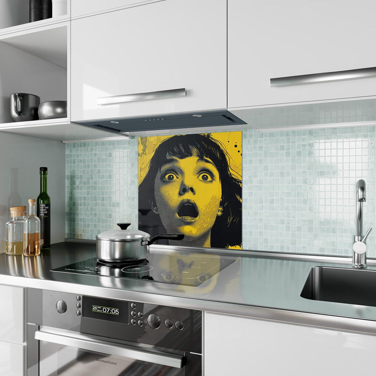 Küchenrückwand aus Glas Schrei in Gelb im quadratischen Format als Spritzschutz hinter dem Kochfeld, über dem Fliesenspiegel montiert