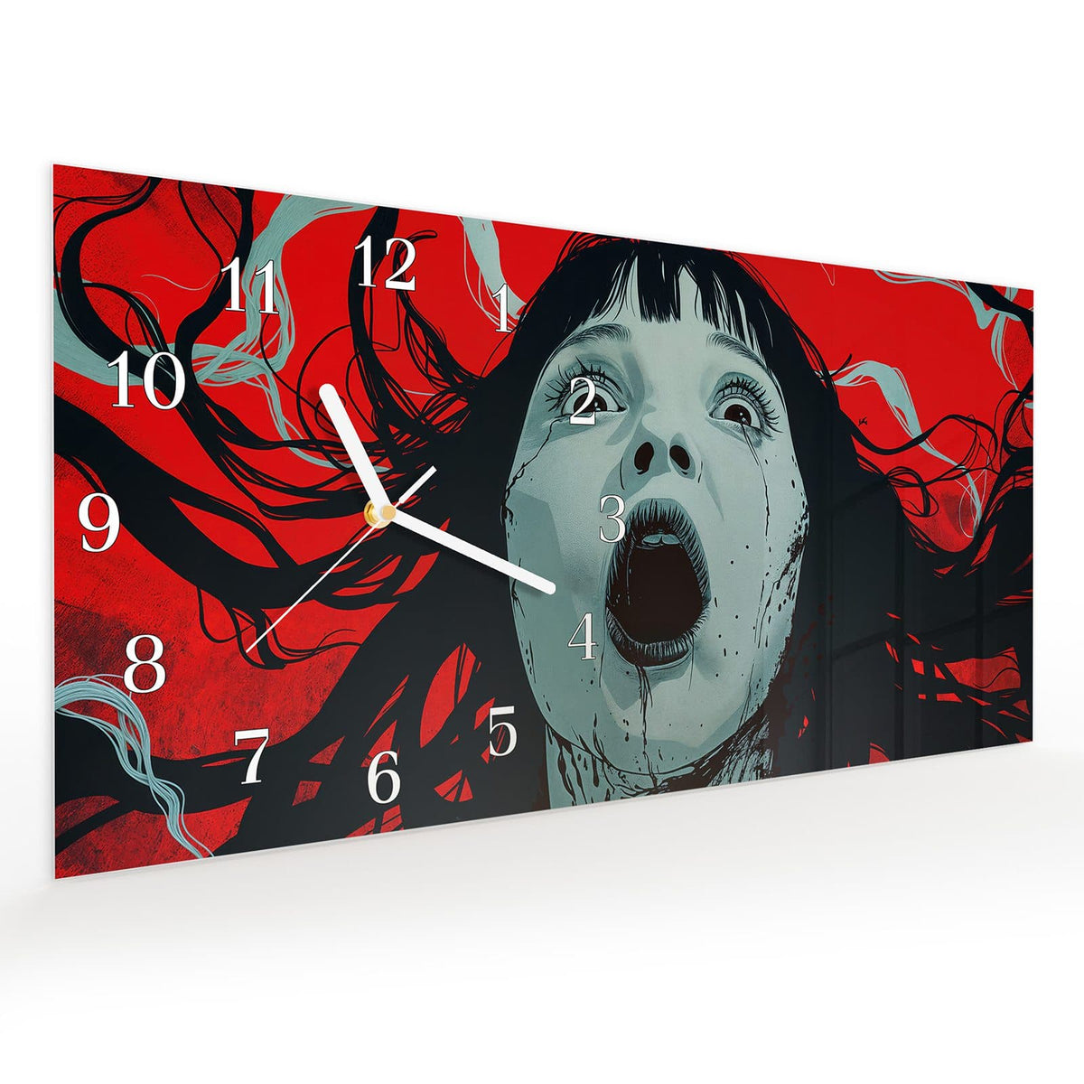 Vormontiert – mit Schwebeeffekt – Wanduhr Schreiende Person aus Glas – Querformat 60 × 30 cm