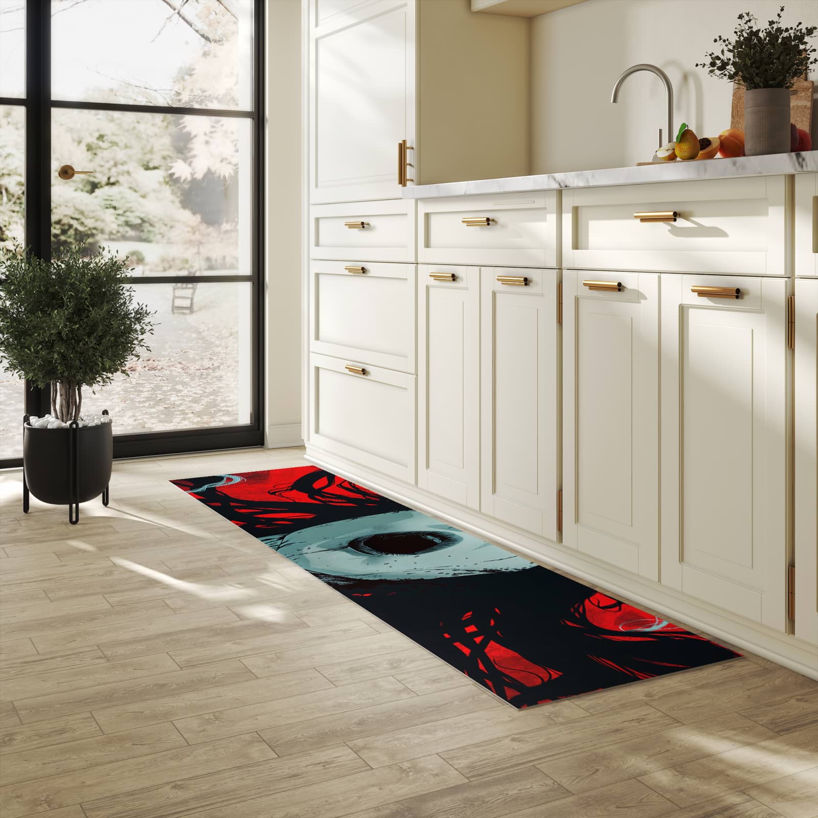 Farbbeständiger waschbarer Küchenteppich mit Motiv Schreiende Person in heller Küche