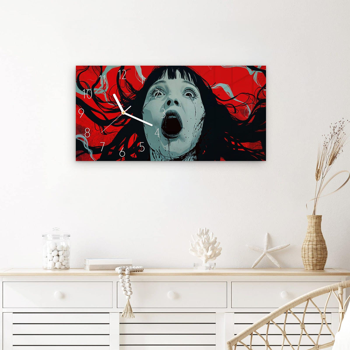 Wanduhr Schreiende Person aus Glas – Querformat 60 × 30 cm – Erschrockenes Gesicht vor Rot