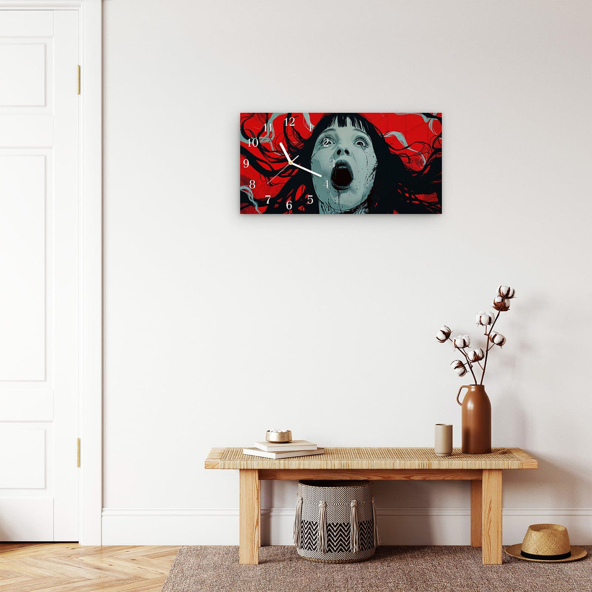 Moderne Wanduhr aus Glas mit Farbtiefe – Wanduhr Schreiende Person aus Glas – Querformat 60 × 30 cm
