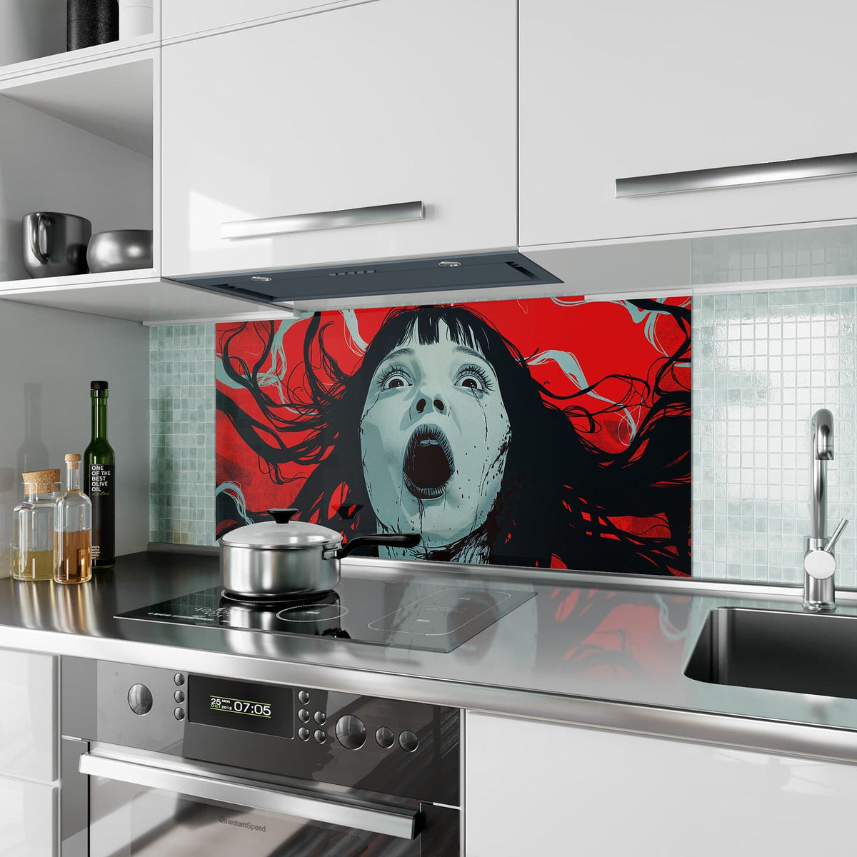 Küchenrückwand aus Glas Schrei in Rot im Hochformat als Spritzschutz hinter dem Kochfeld, über dem Fliesenspiegel montiert