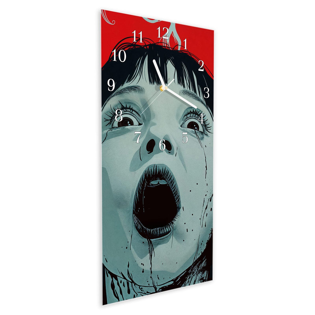 Vormontiert – mit Schwebeeffekt – Wanduhr Schreiende Person aus Glas – Hochformat 30 × 60 cm