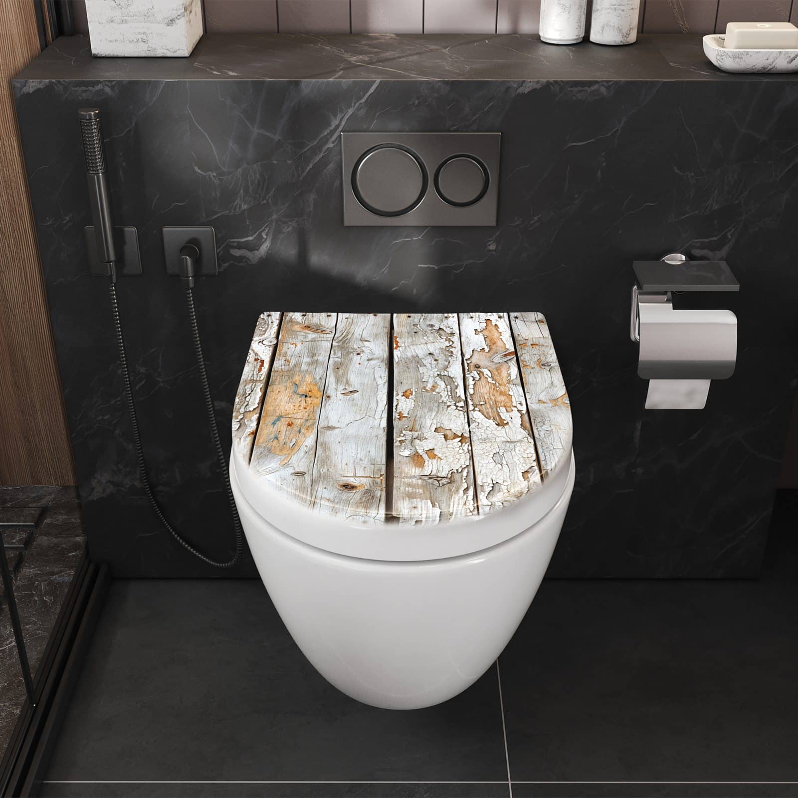 Passgenauer WC-Sitz mit Motiv Verwittertes & Holz in Badezimmer perspektive von vorne