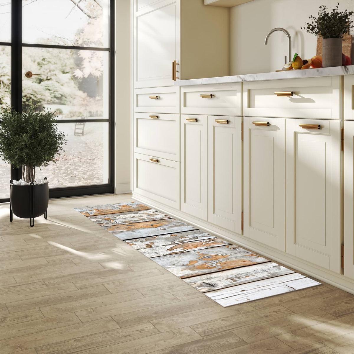Geruchsneutraler langer Teppich mit Motiv Verwittertes Holz in heller Küche