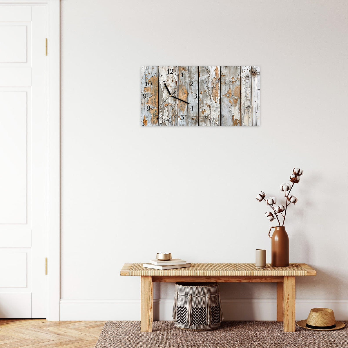 Moderne Wanduhr aus Glas mit Farbtiefe – Wanduhr Verwittertes & Holz aus Glas – Querformat 60 × 30 cm