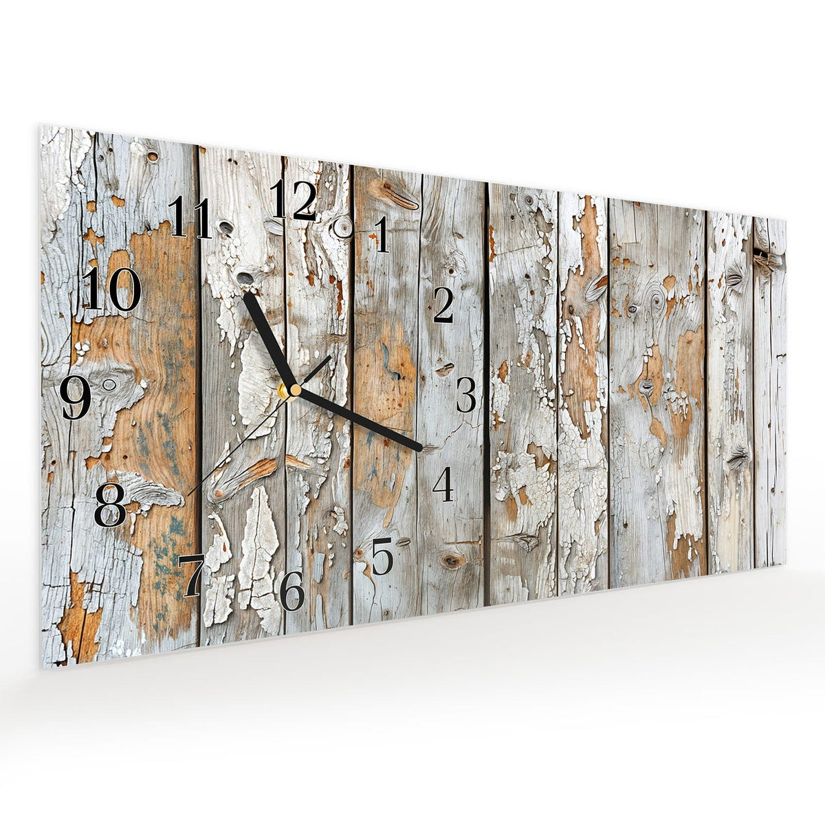 Vormontiert – mit Schwebeeffekt – Wanduhr Verwittertes & Holz aus Glas – Querformat 60 × 30 cm