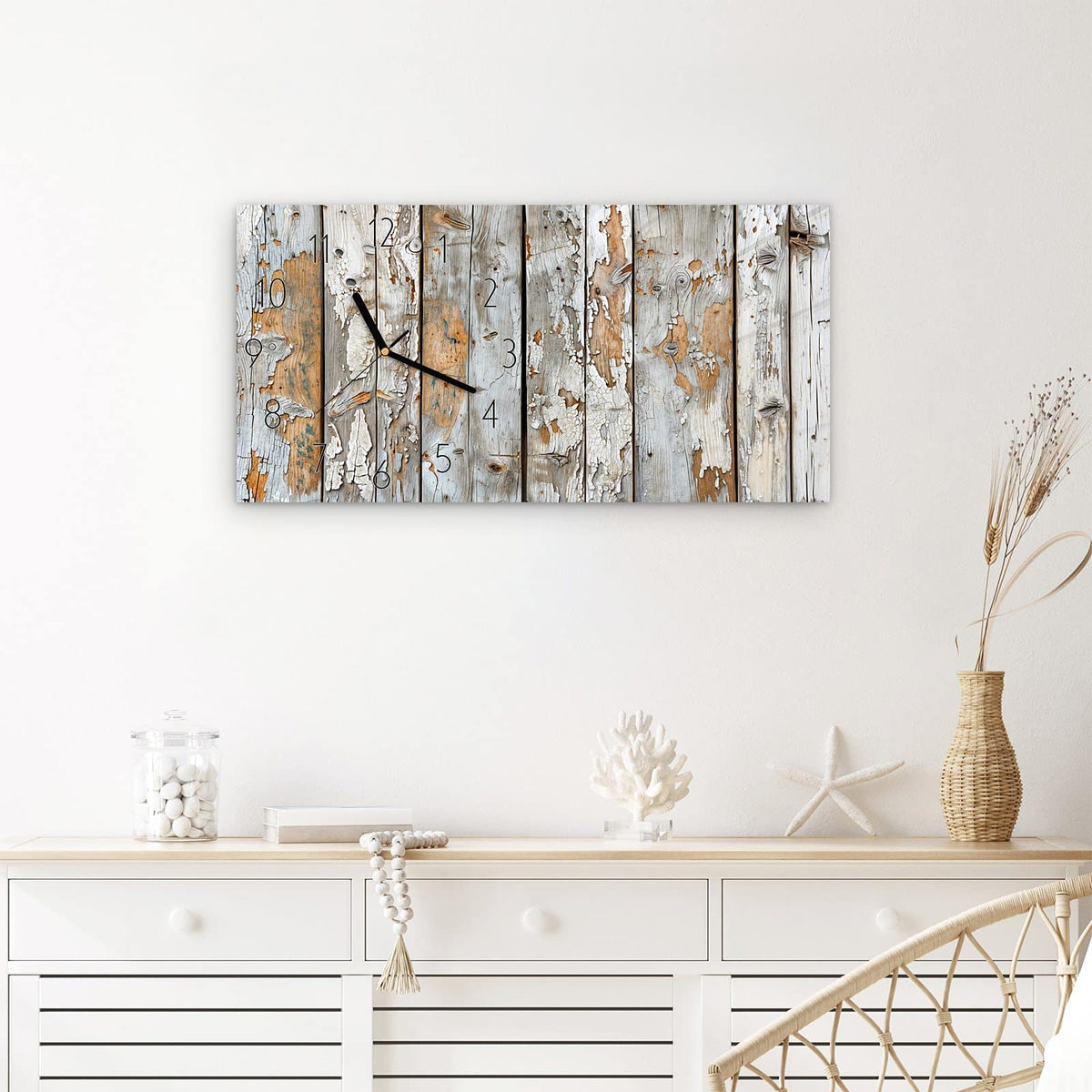 Wanduhr Verwittertes & Holz aus Glas – Querformat 60 × 30 cm – Verwittertes Holz mit weißer Farbe