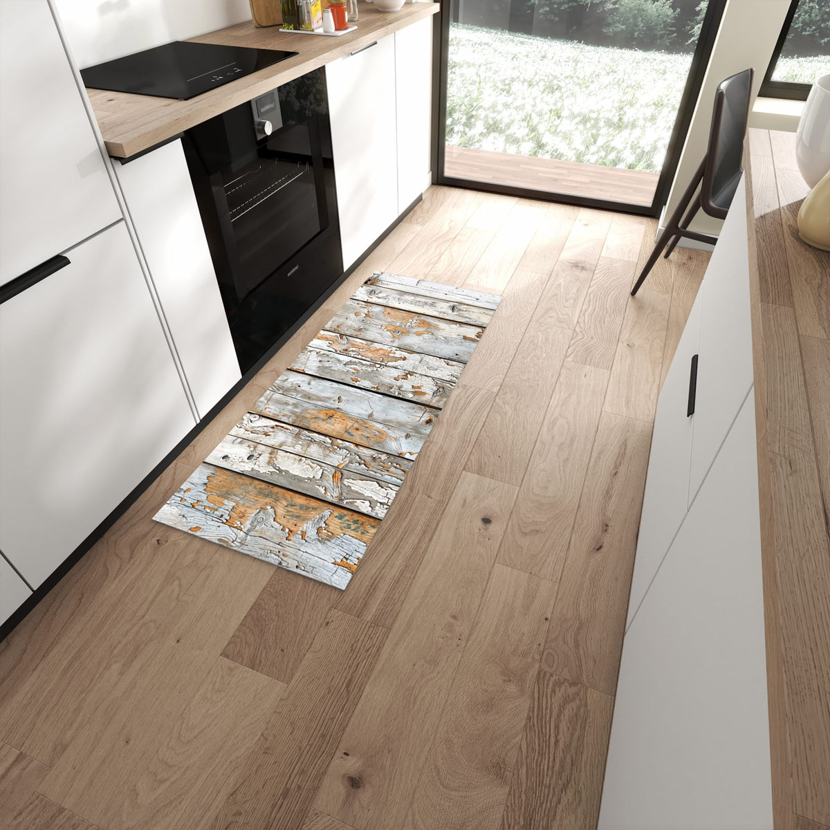 Waschbarer großer Küchenteppich mit Motiv Verwittertes Holz in moderner Küche #grösse_60 x 150 cm