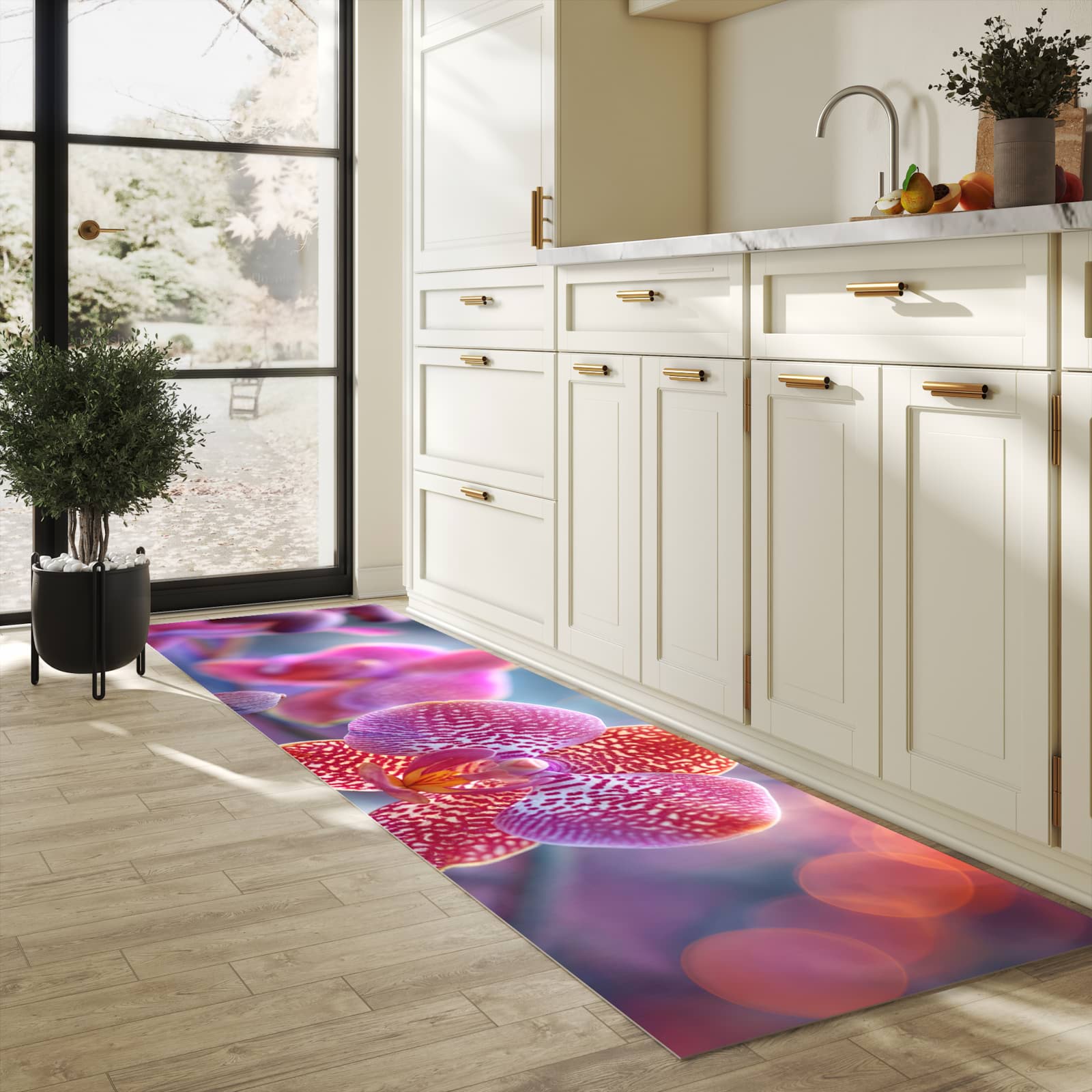 Langlebiger Küchenteppich mit Motiv Exotische Orchidee in heller Küche