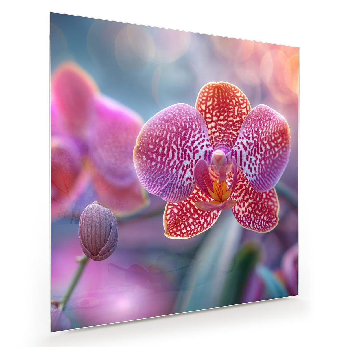 Pink gesprenkelte Orchideenblüte mit Knospe vor pastelligem Bokeh