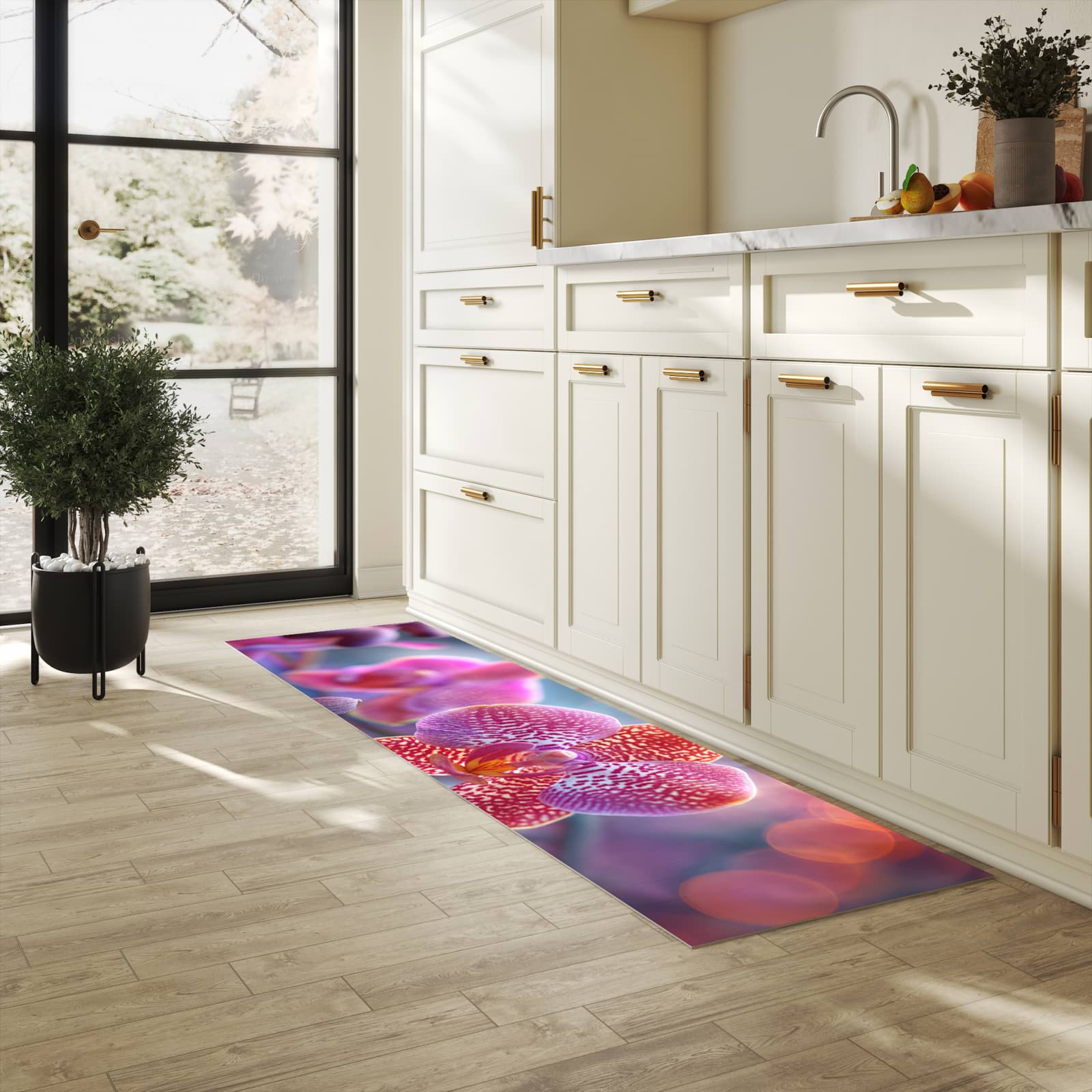 Komfortabler rutschfester Küchenteppich mit Motiv Exotische Orchidee in heller Küche