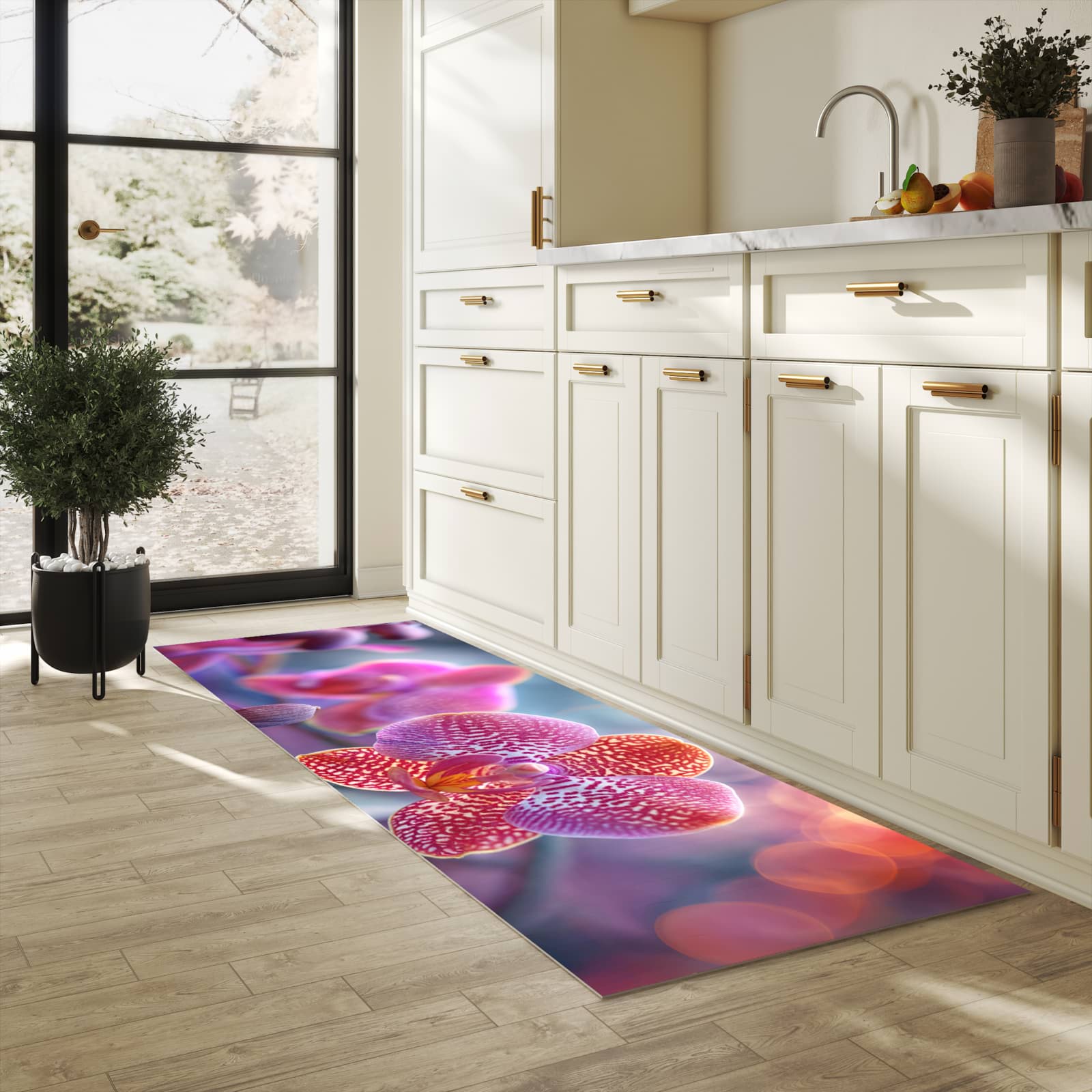 Strapazierfähiger Bodenläufer mit Motiv Exotische Orchidee in heller Küche