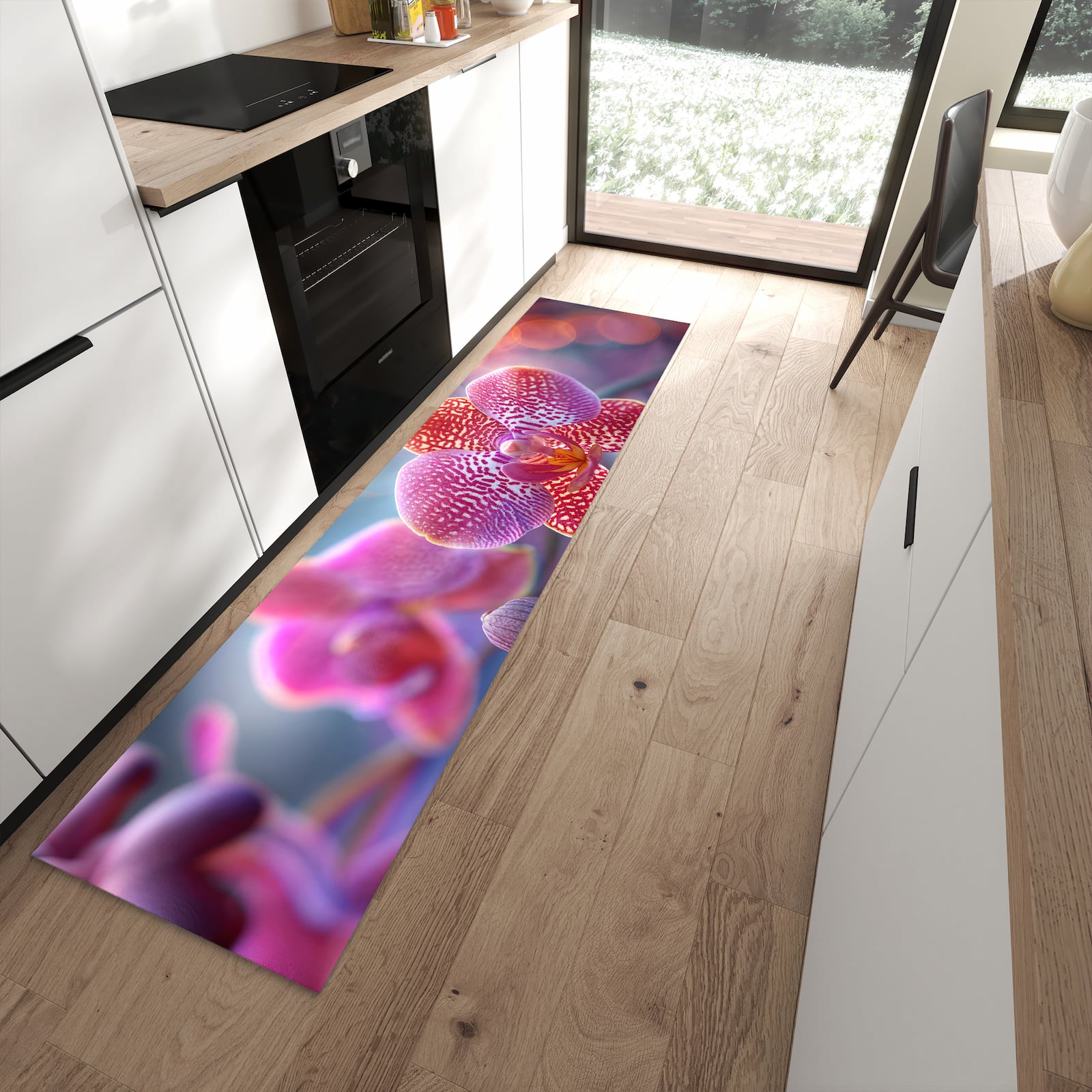 Rutschfester großer Küchenteppich mit Motiv Exotische Orchidee in moderner Küche