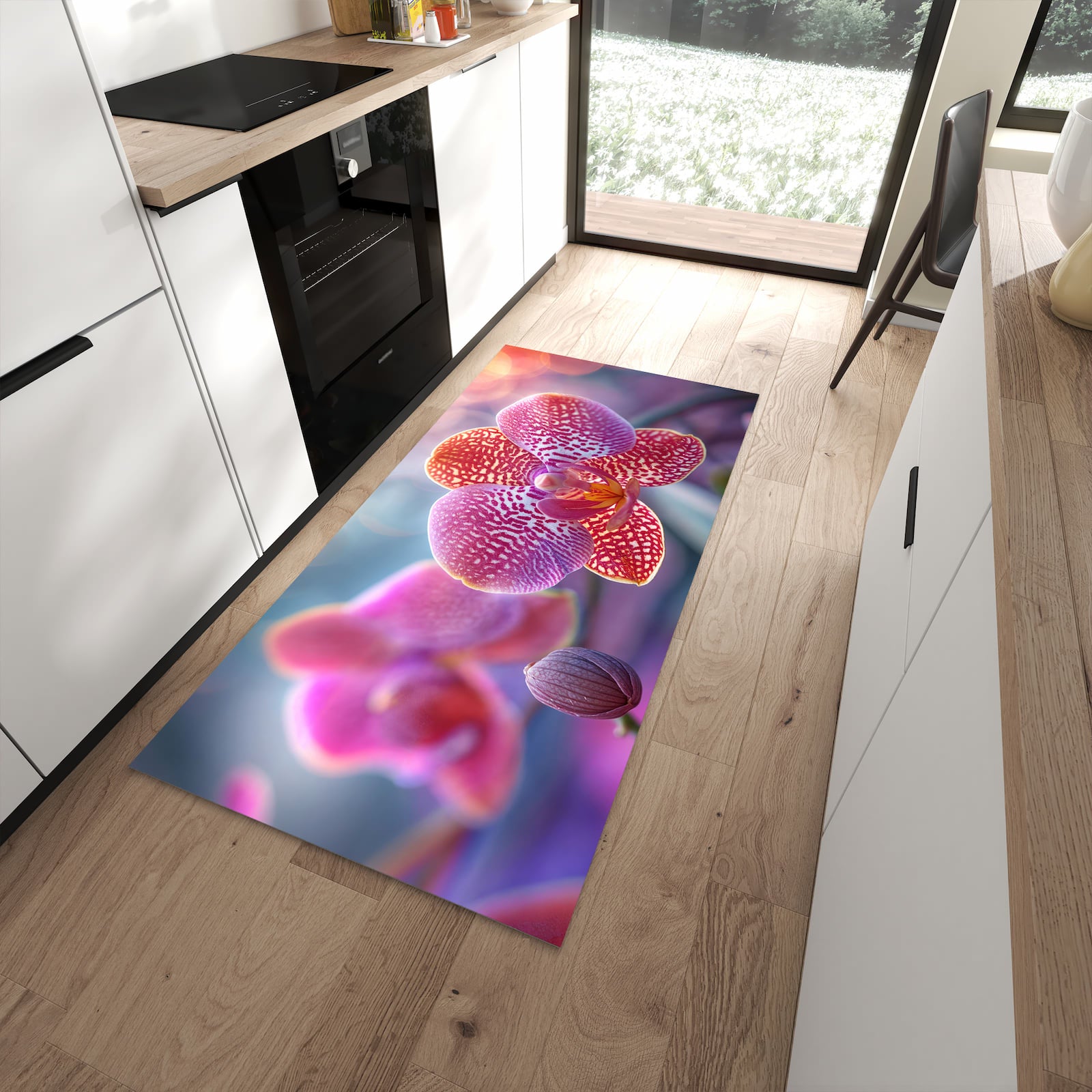 Zeitsparender rutschfester Küchenläufer mit Motiv Exotische Orchidee in moderner Küche