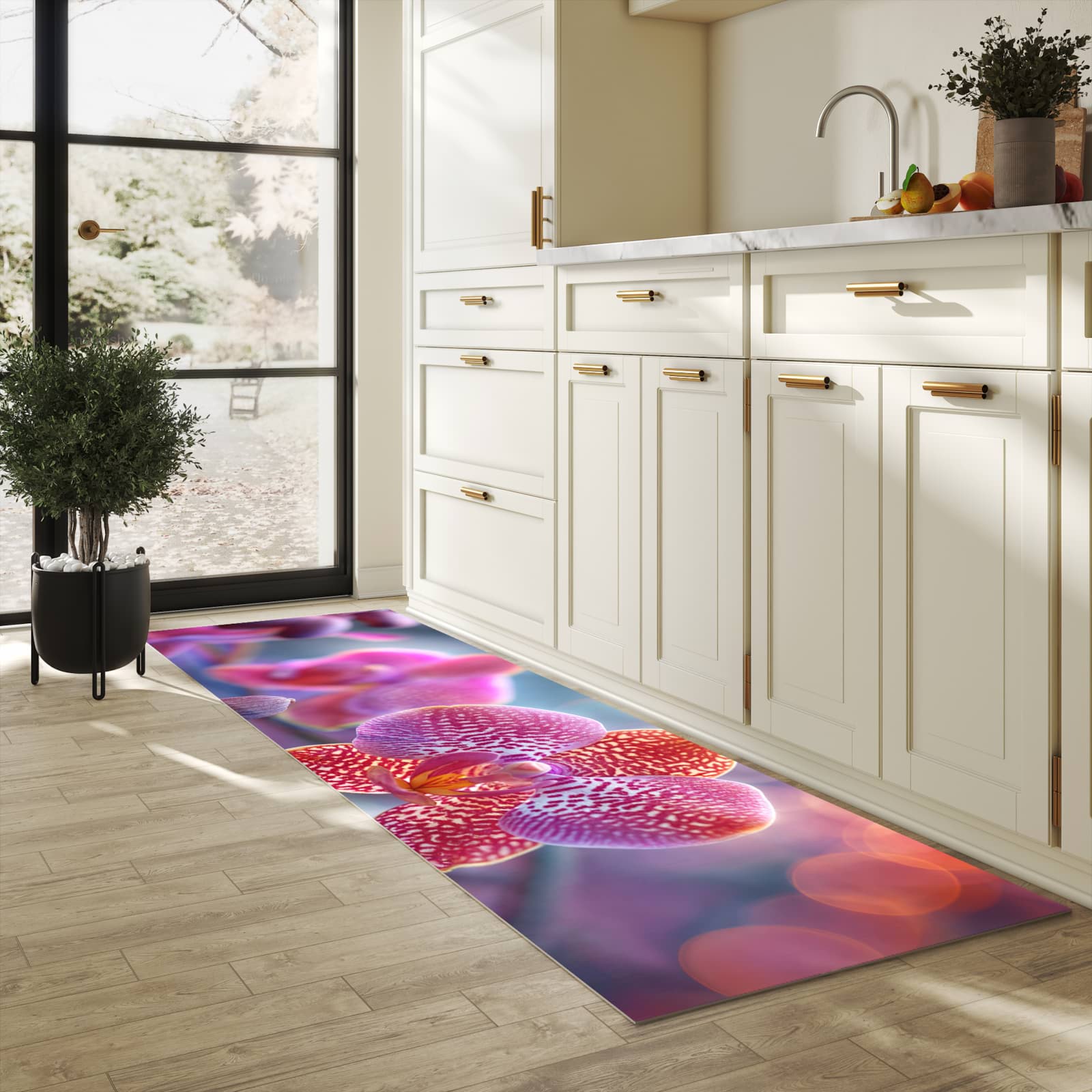 Waschbarer Bodenläufer Teppich mit Motiv Exotische Orchidee in heller Küche