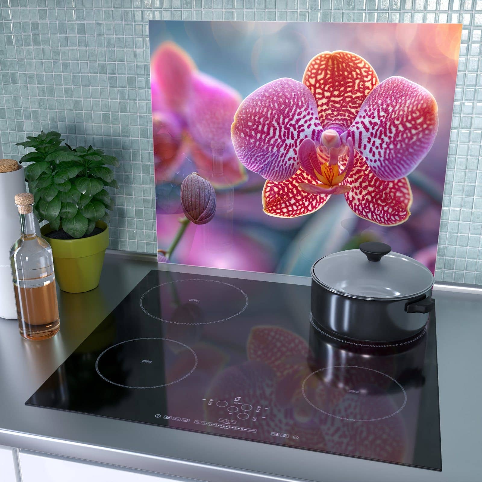 1-teilige Ceranfeldabdeckung mit Exotische Orchidee-Motiv als Spritzschutz hinter dem Kochfeld