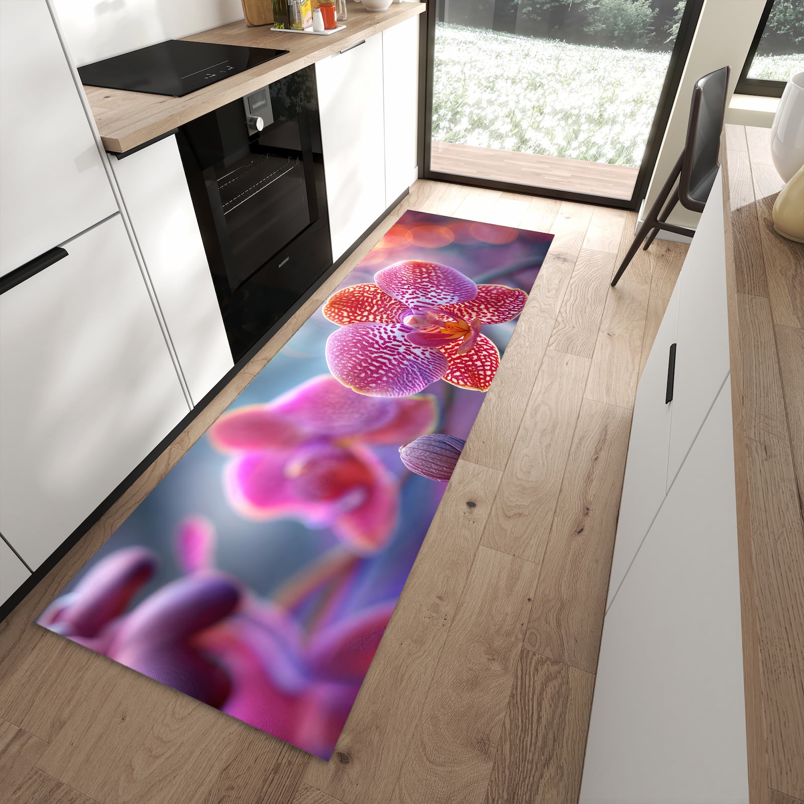 Farbbeständiger waschbarer Küchenläufer mit Motiv Exotische Orchidee in moderner Küche