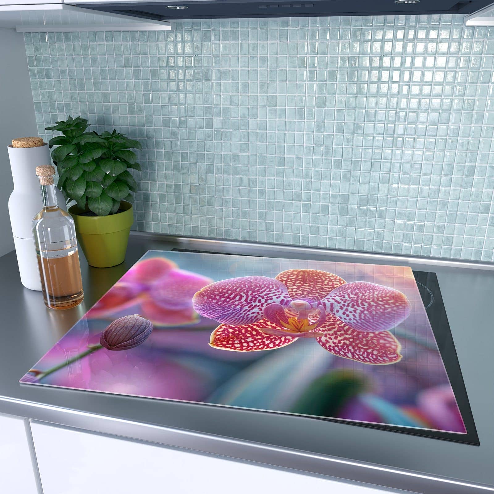 1-teilige Herdabdeckplatten mit Exotische Orchidee-Motiv auf dem Ceranfeld