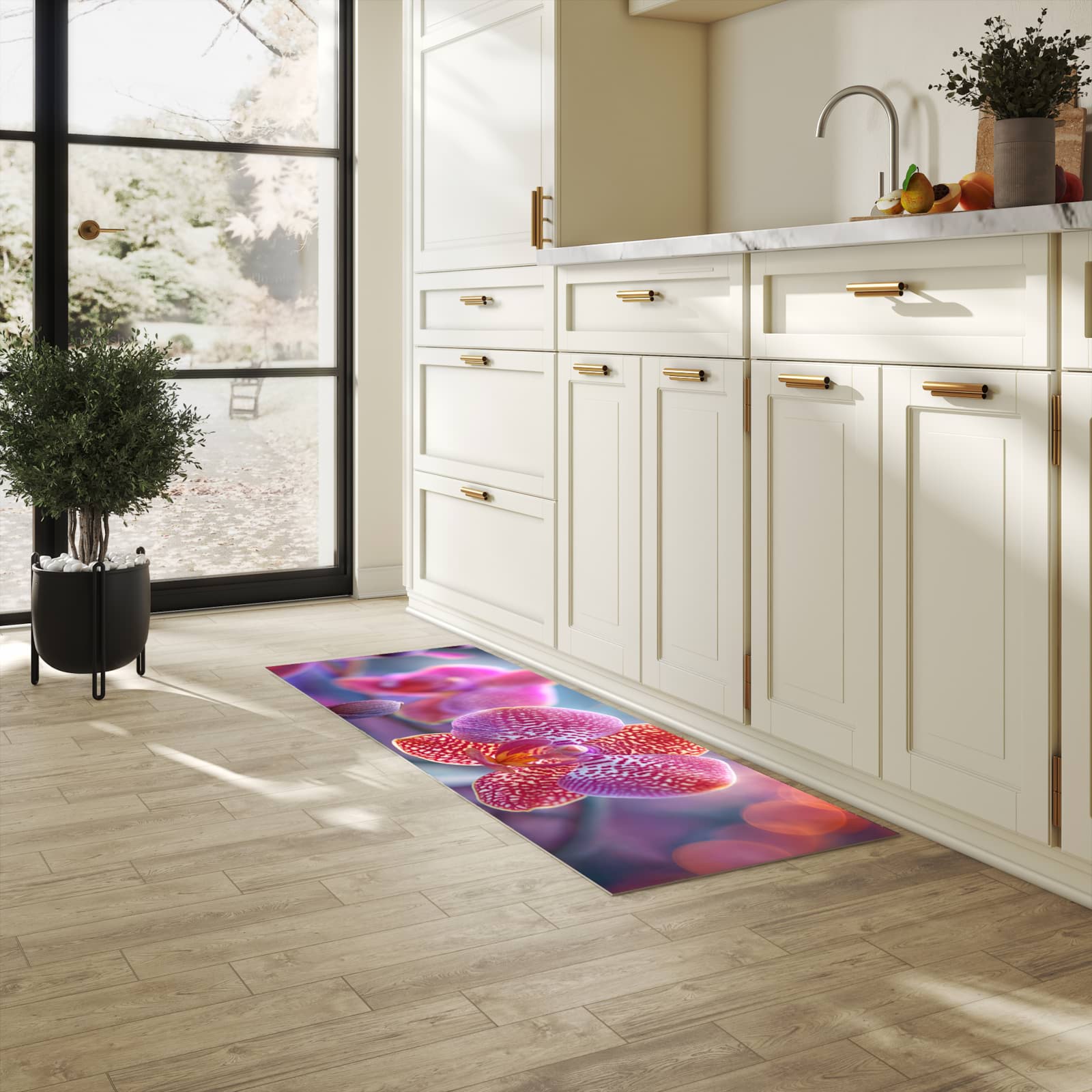 Pflegeleichter dünner Teppich mit Motiv Exotische Orchidee in heller Küche