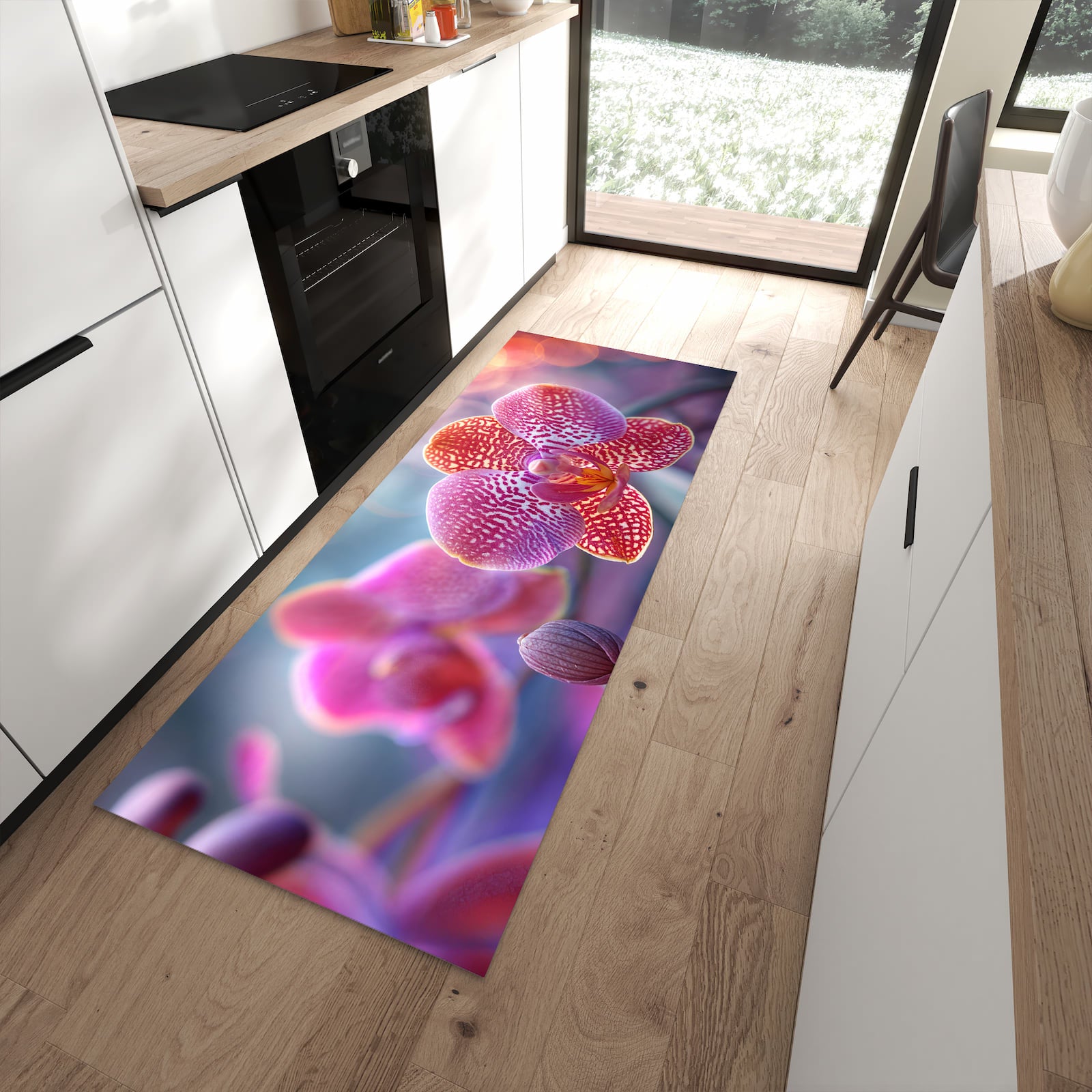 Bodenschonender Küchenläufer mit Motiv Exotische Orchidee in moderner Küche