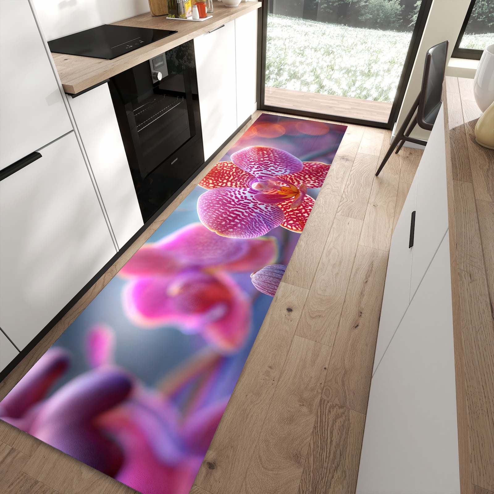 Rutschfester Küchenläufer mit Motiv Exotische Orchidee für sicheren Stand in moderner Küche