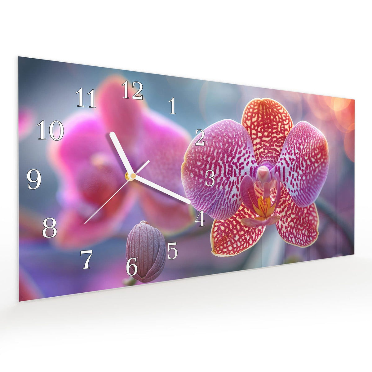 Vormontiert – mit Schwebeeffekt – Wanduhr Exotische Orchidee aus Glas – Querformat 60 × 30 cm