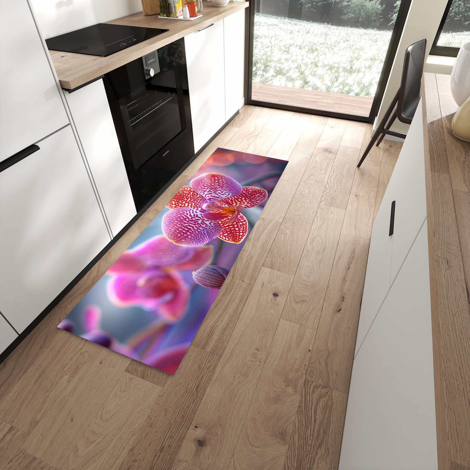 Langlebiger waschbarer Küchenteppich mit Motiv Exotische Orchidee in moderner Küche