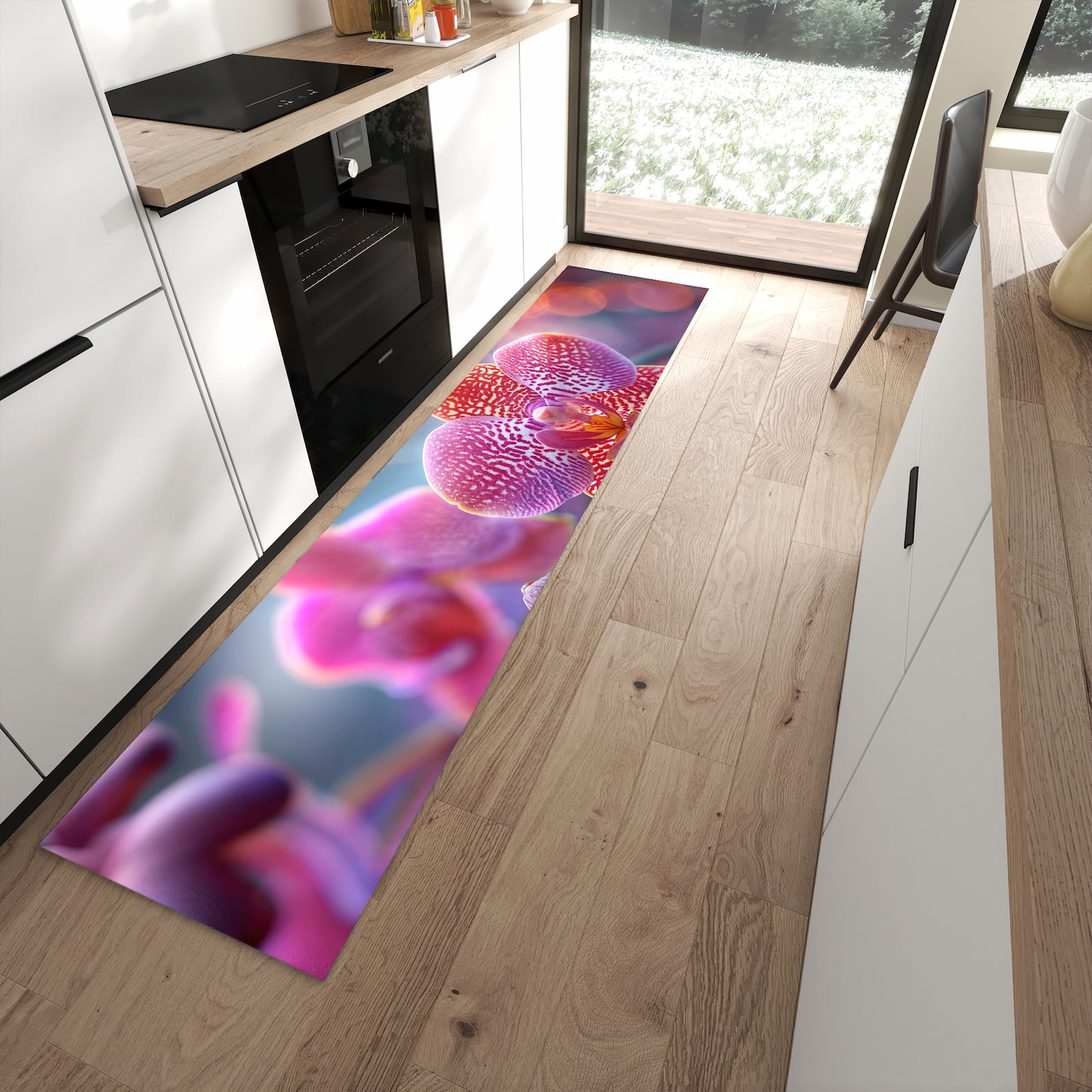 Feuchtigkeitsresistenter Küchenteppich mit Motiv Exotische Orchidee in moderner Küche