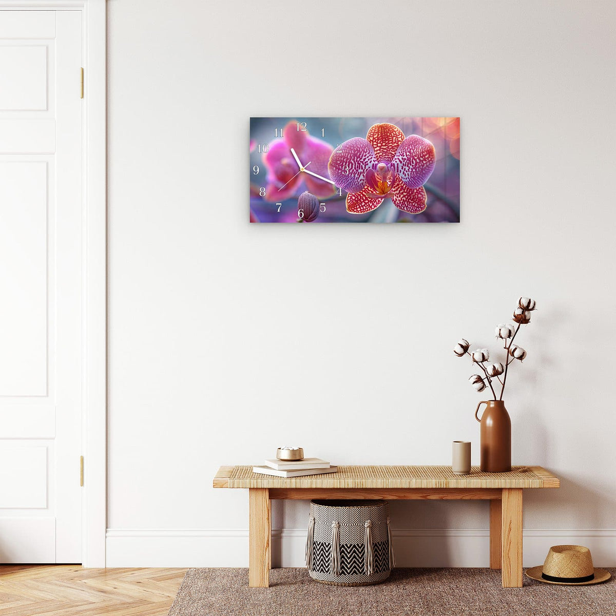 Moderne Wanduhr aus Glas mit Farbtiefe – Wanduhr Exotische Orchidee aus Glas – Querformat 60 × 30 cm