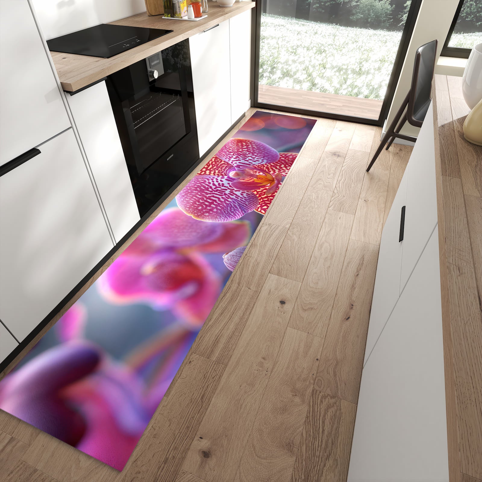 Bodenschonender Küchenteppich mit Motiv Exotische Orchidee in moderner Küche