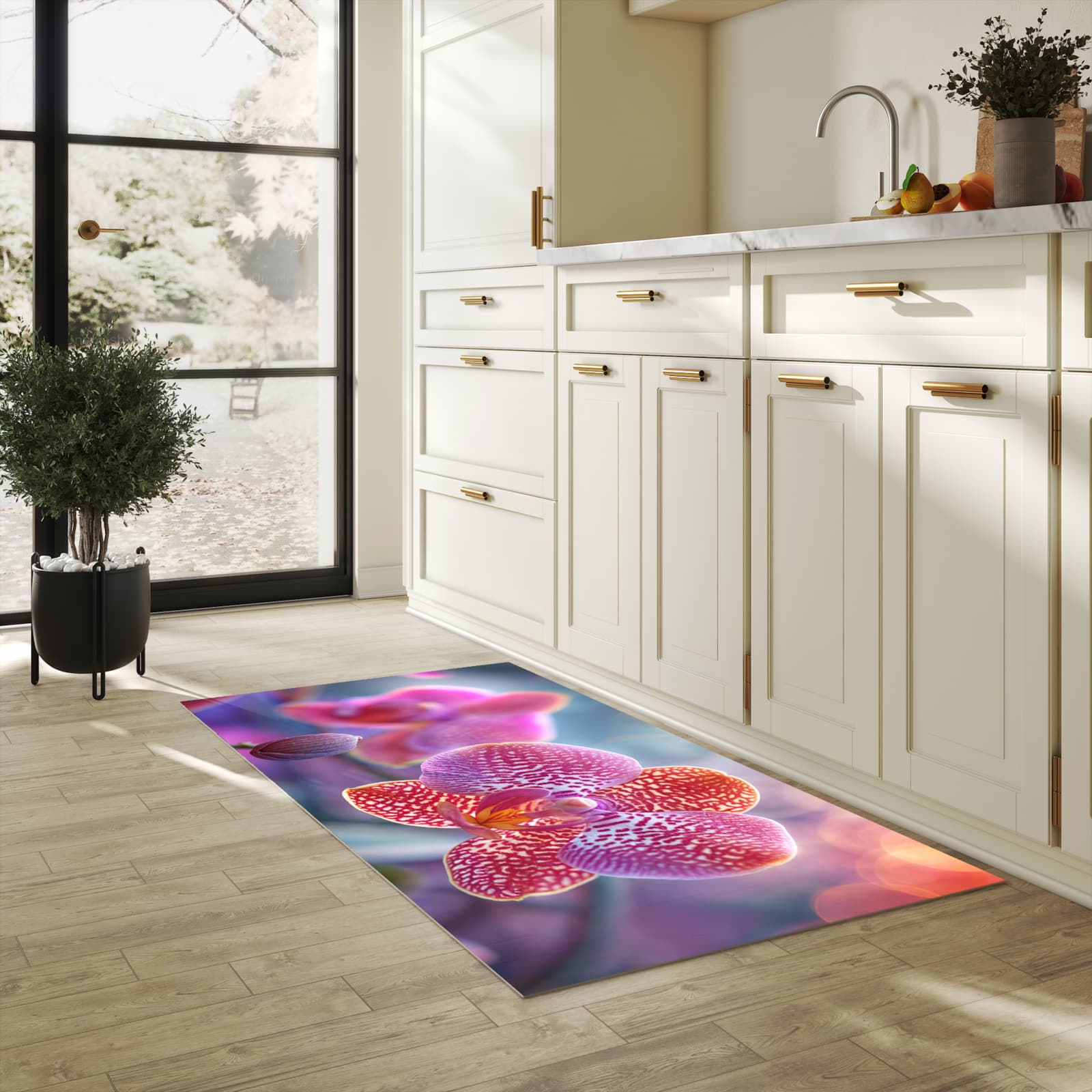Rutschfester Küchenteppich mit Motiv Exotische Orchidee in heller Küche