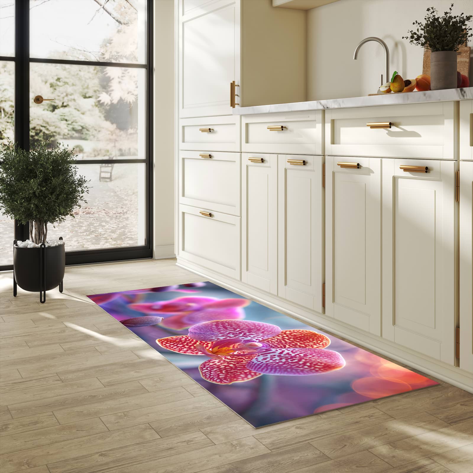 Hygienischer rutschfester Küchenteppich mit Motiv Exotische Orchidee in heller Küche