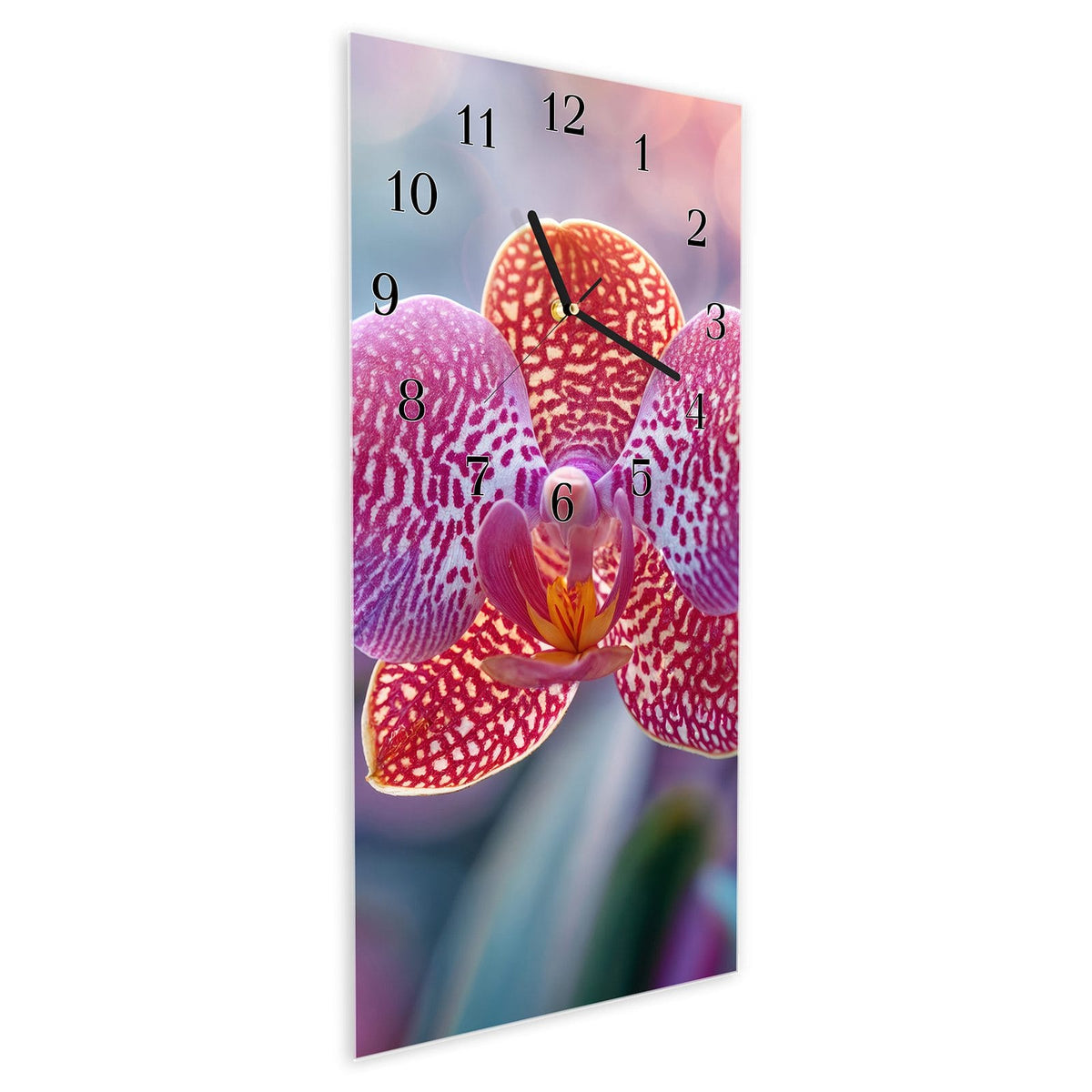 Vormontiert – mit Schwebeeffekt – Wanduhr Exotische Orchidee aus Glas – Hochformat 30 × 60 cm