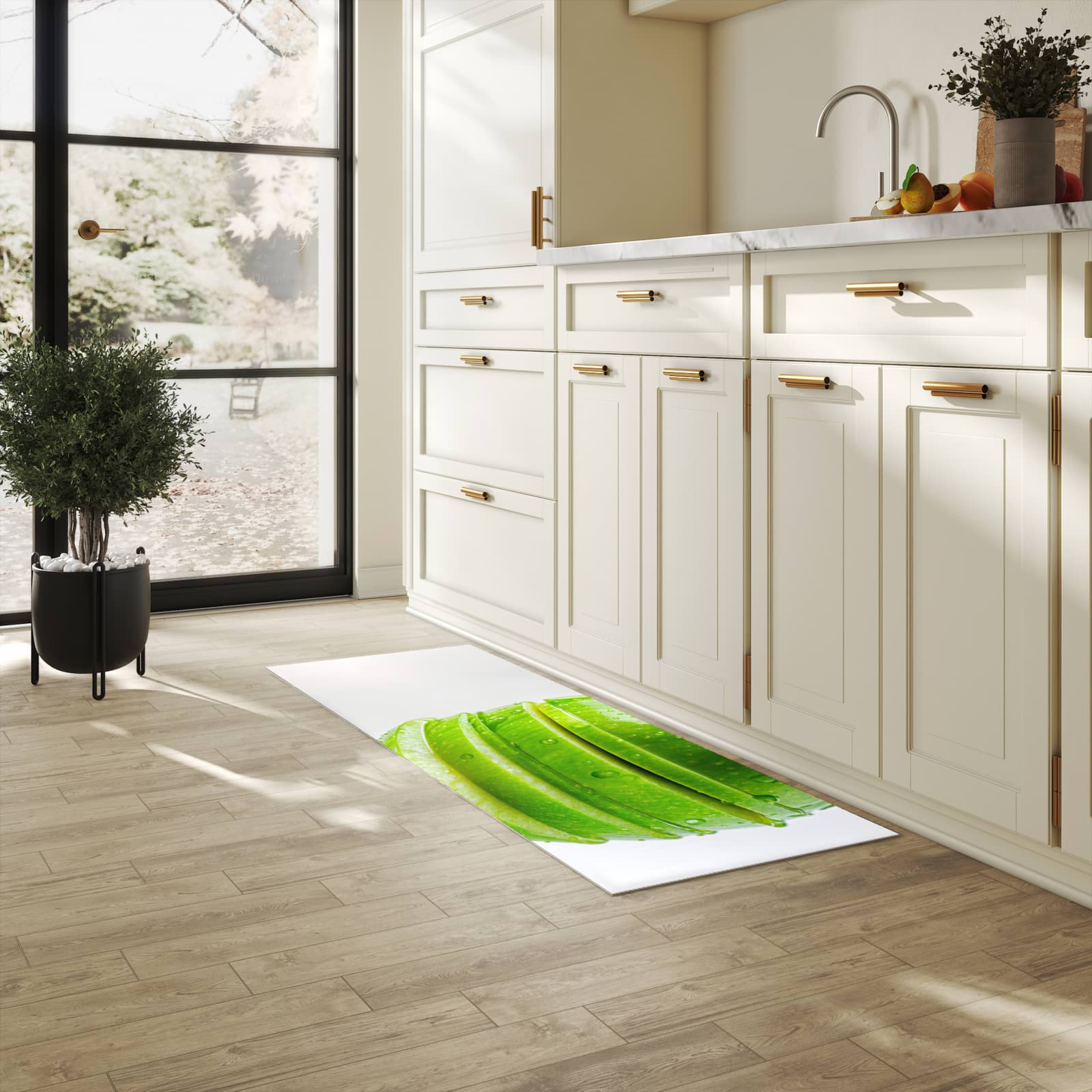 Formstabiler Küchenläufer mit Motiv Geschnittener Apfel in heller Küche