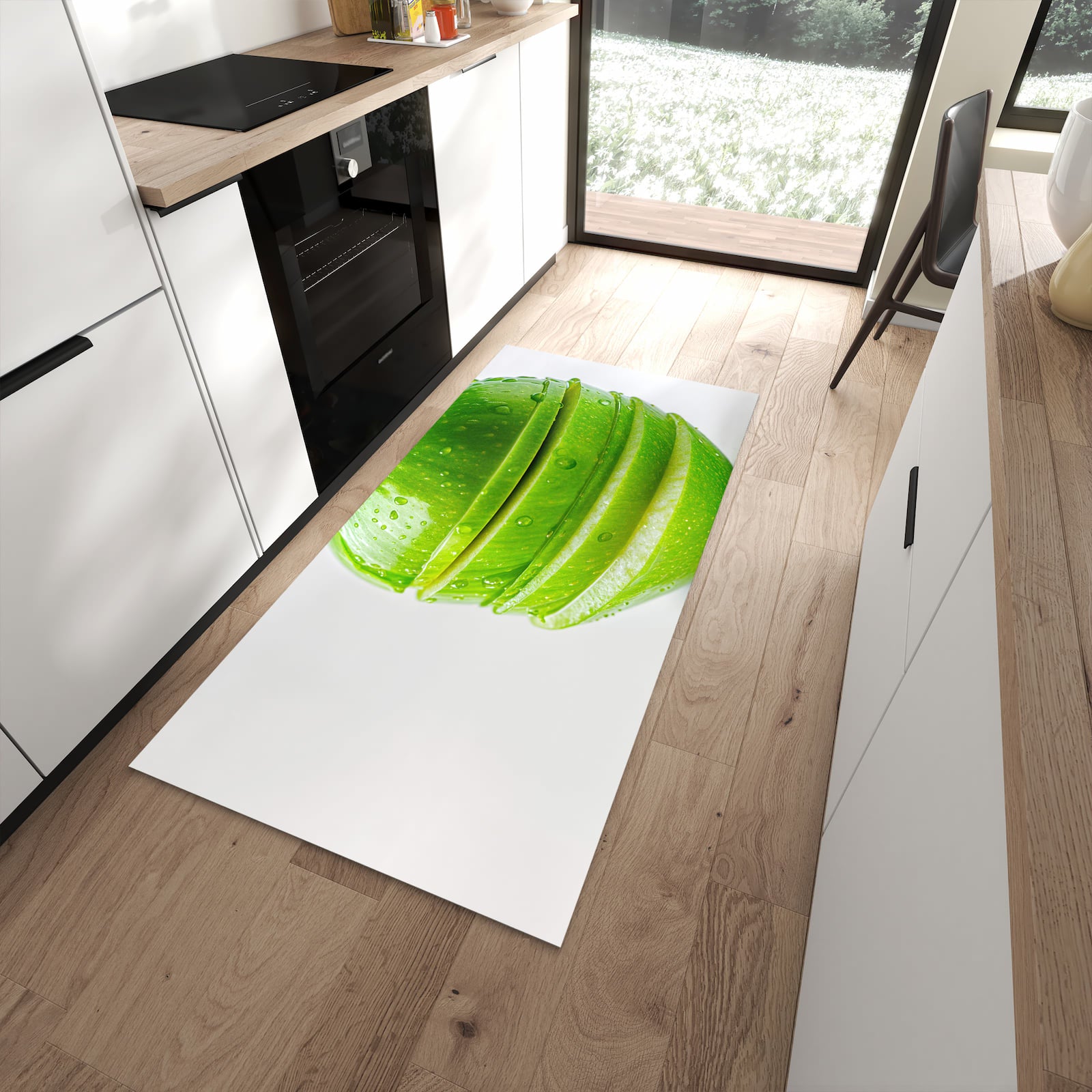 Komfortabler Küchenteppich mit Motiv Geschnittener Apfel in moderner Küche