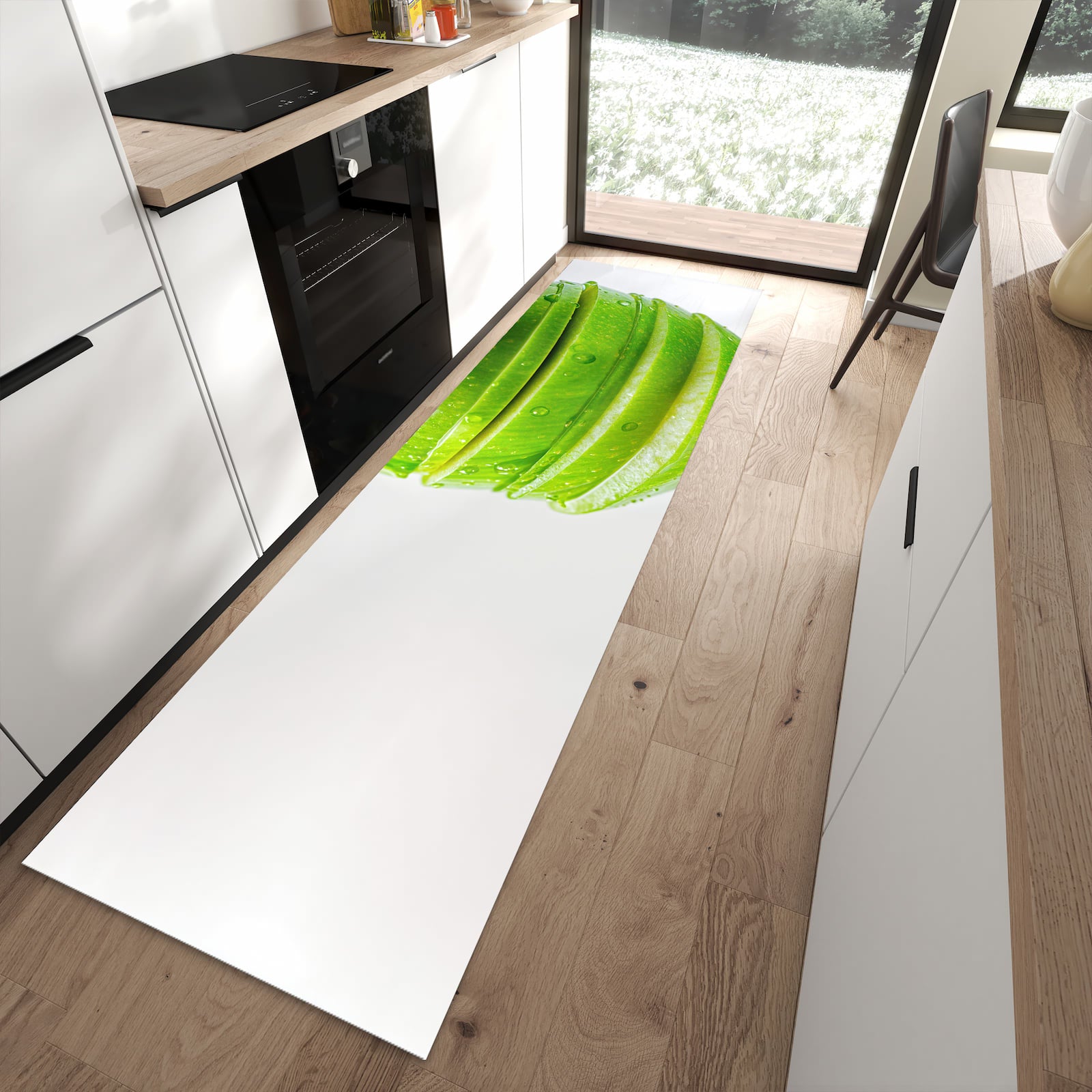 Rutschfester Küchenteppich mit Motiv Geschnittener Apfel in moderner Küche