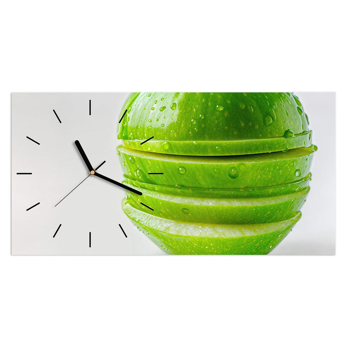 Wanduhr Geschnittener Apfel aus Glas – Querformat 60 × 30 cm mit Ziffernblatt Linie