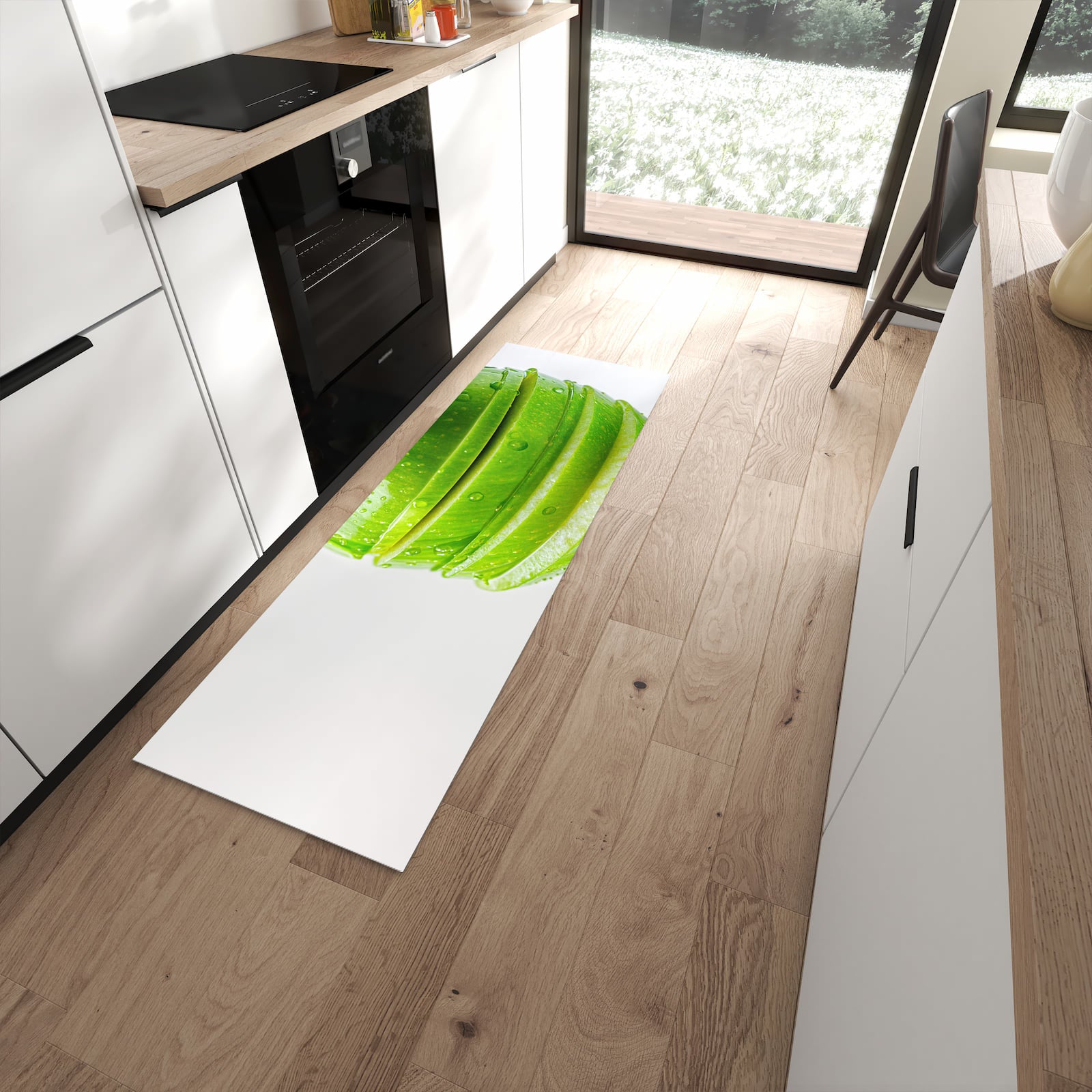 Komfortabler Küchenteppich mit Motiv Geschnittener Apfel in moderner Küche