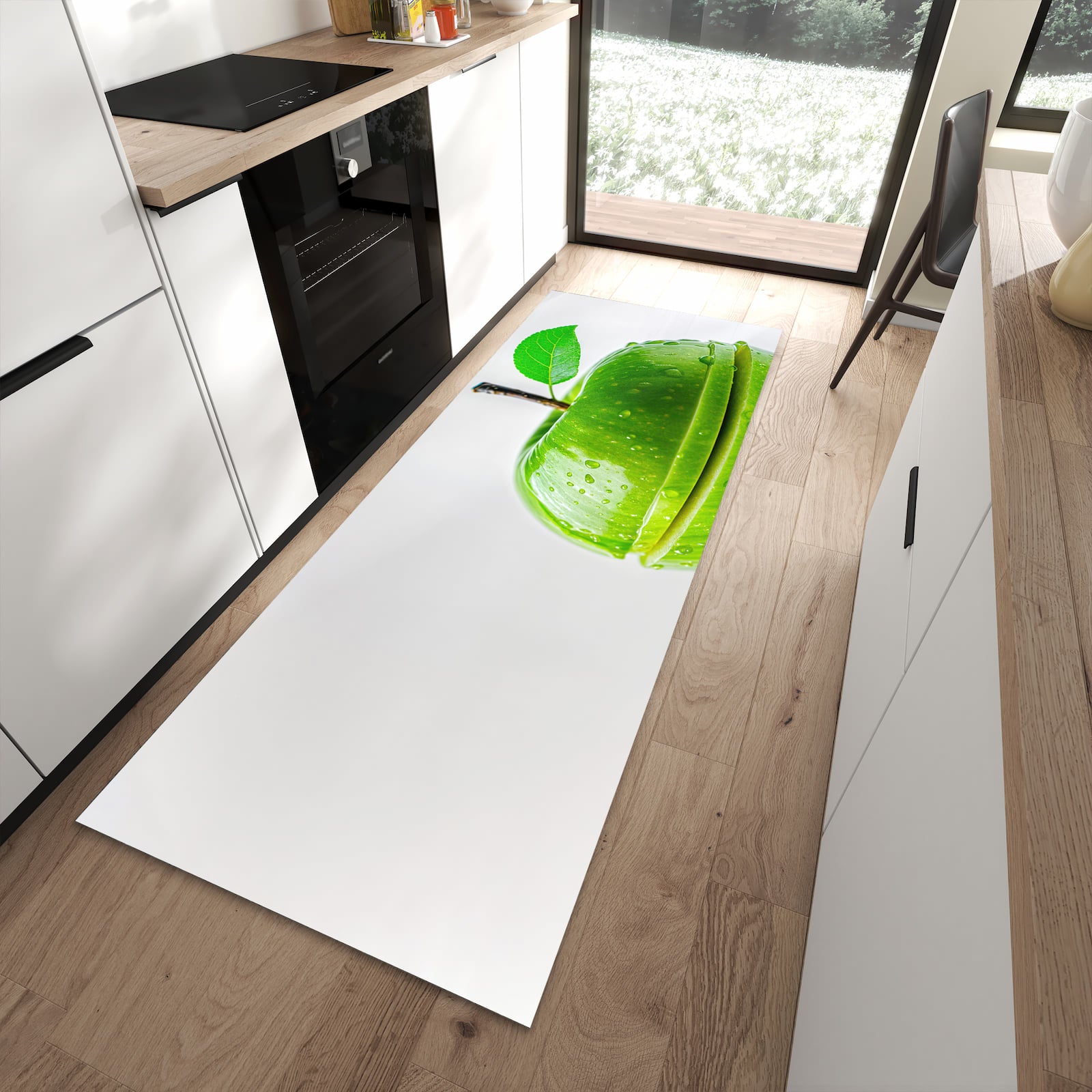 Hygienischer rutschfester Küchenteppich mit Motiv Geschnittener Apfel in moderner Küche