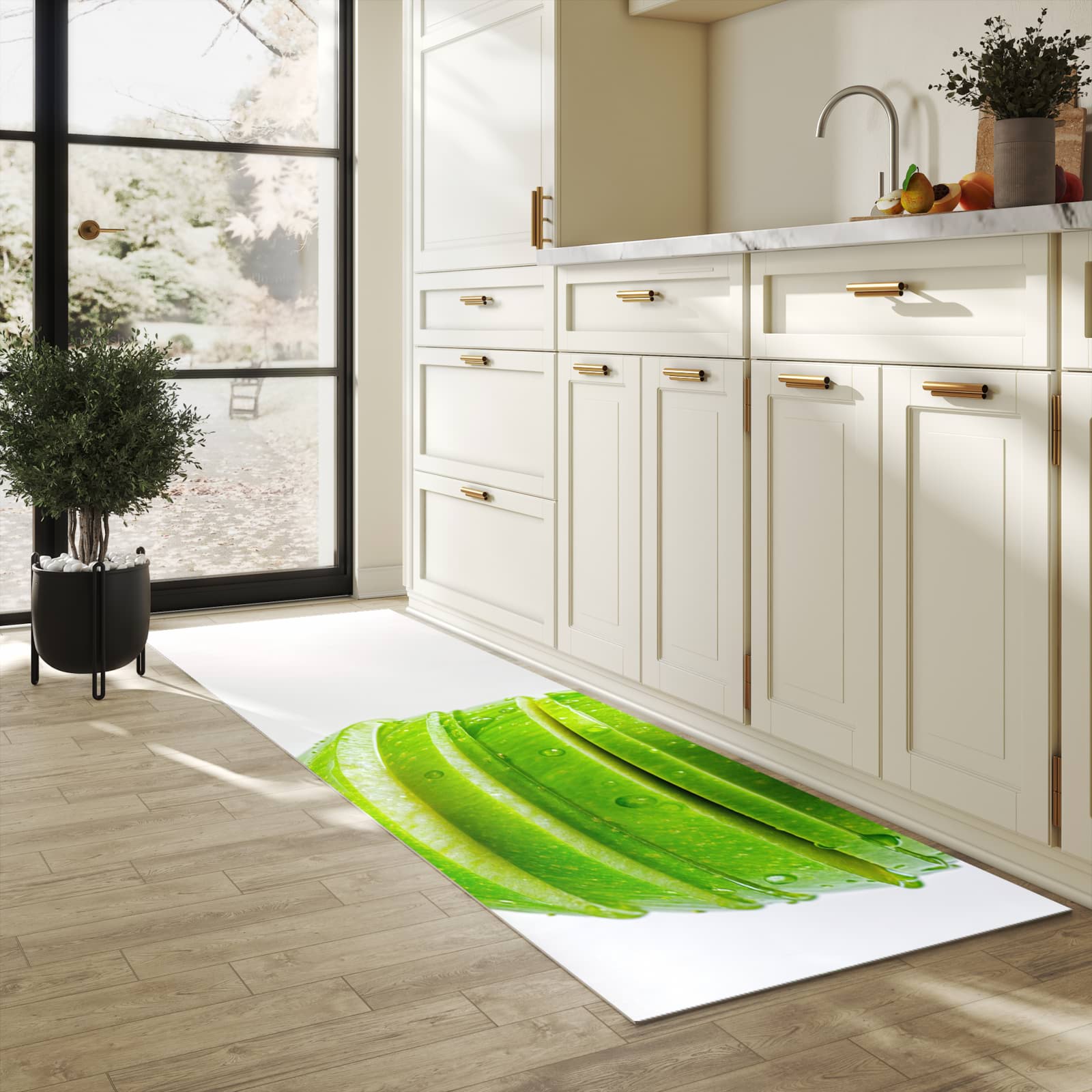 Wasserabweisender Teppichläufer mit Motiv Geschnittener Apfel in heller Küche