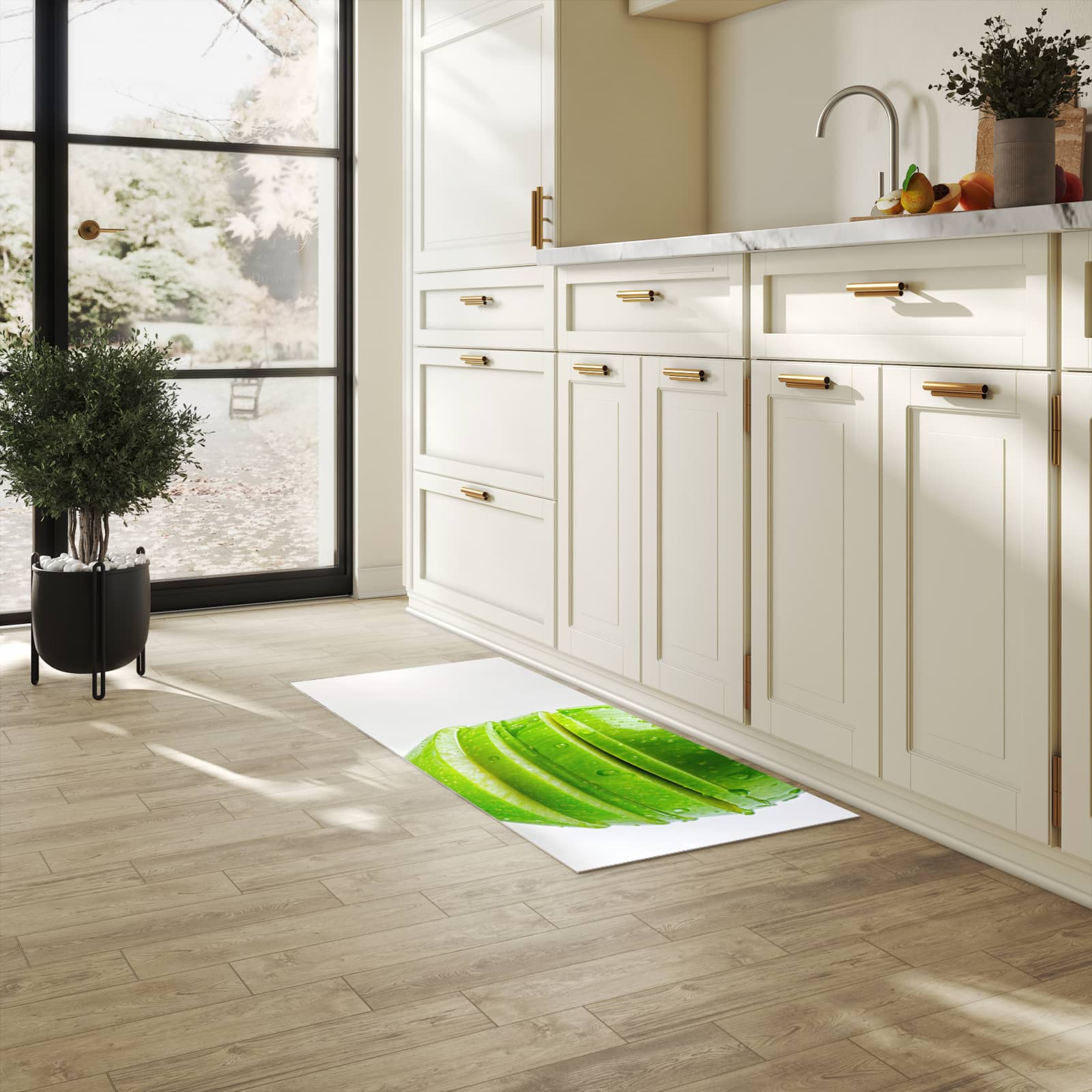 Farbbeständiger Läufer für die Küche mit Motiv Geschnittener Apfel in heller Küche