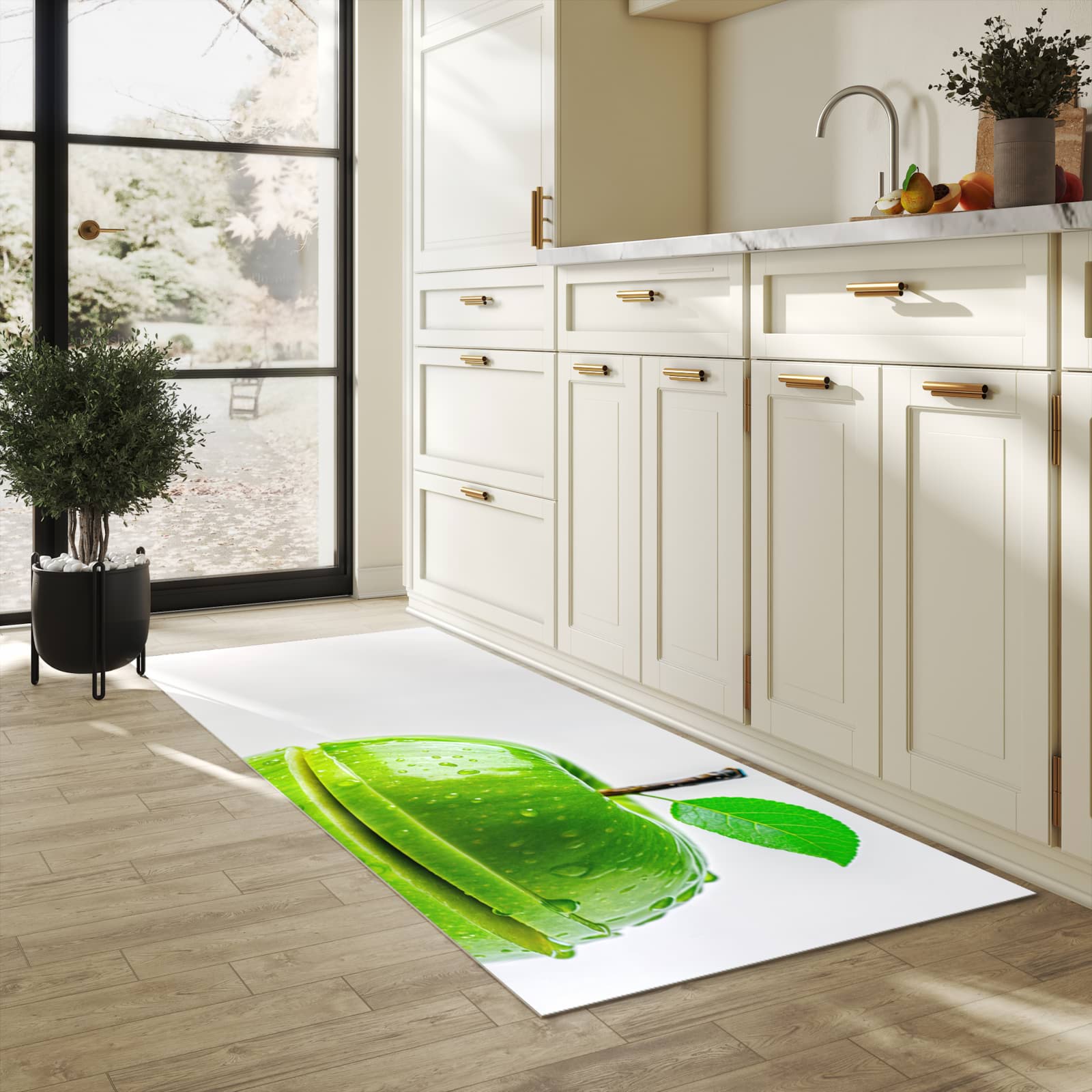 Geruchsneutraler langer Teppich mit Motiv Geschnittener Apfel in heller Küche