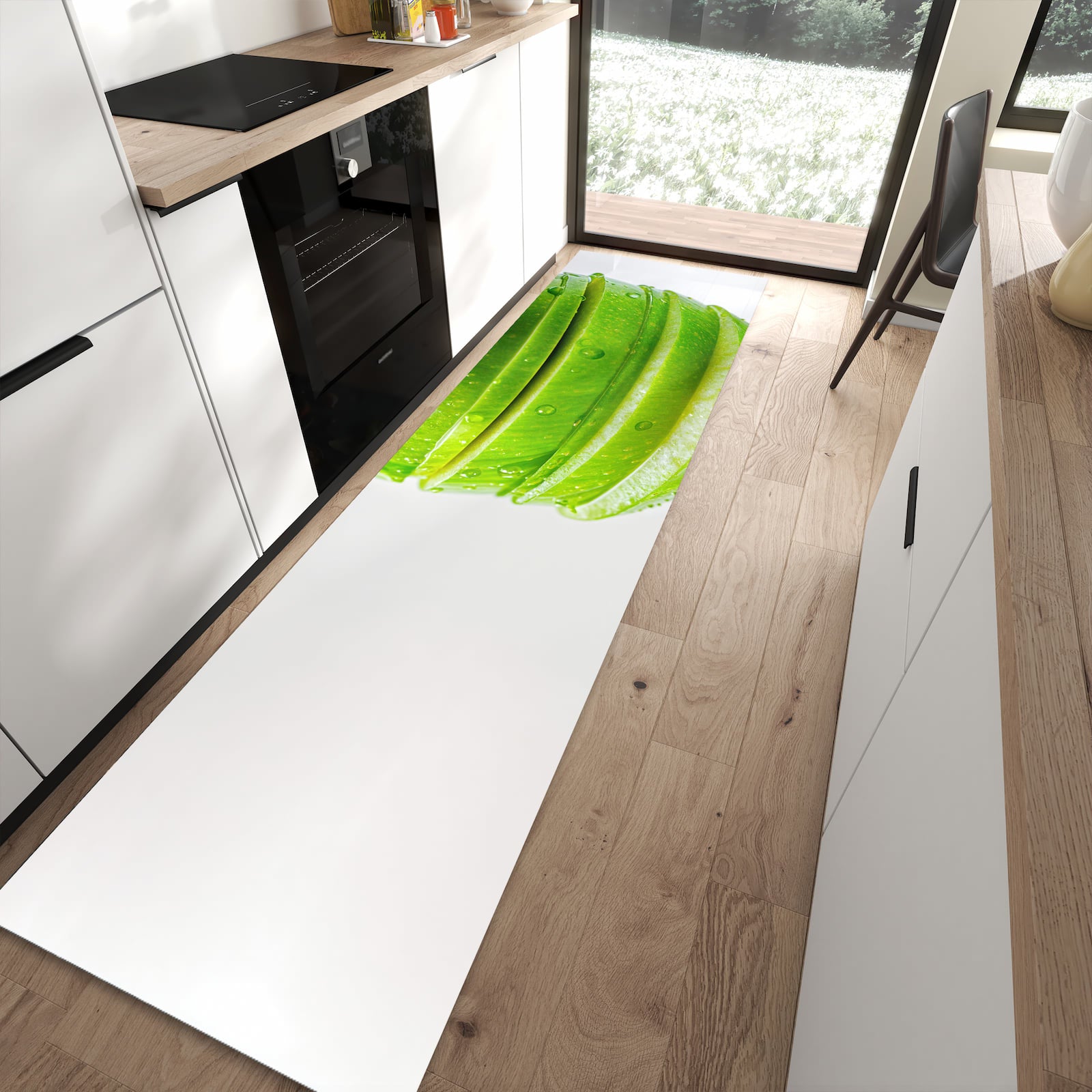 Waschbarer Küchenteppich mit Motiv Geschnittener Apfel in moderner Küche