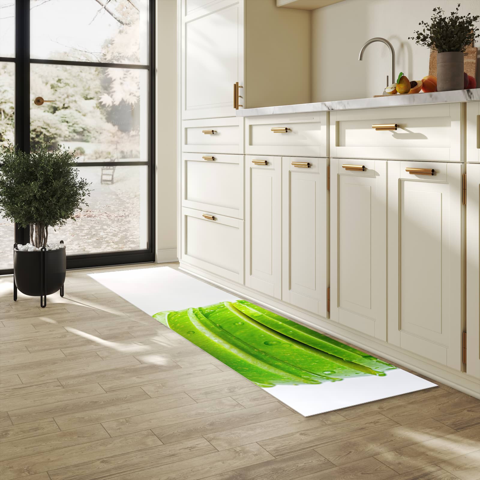 Zeitsparender Küchenteppich mit Motiv Geschnittener Apfel in heller Küche