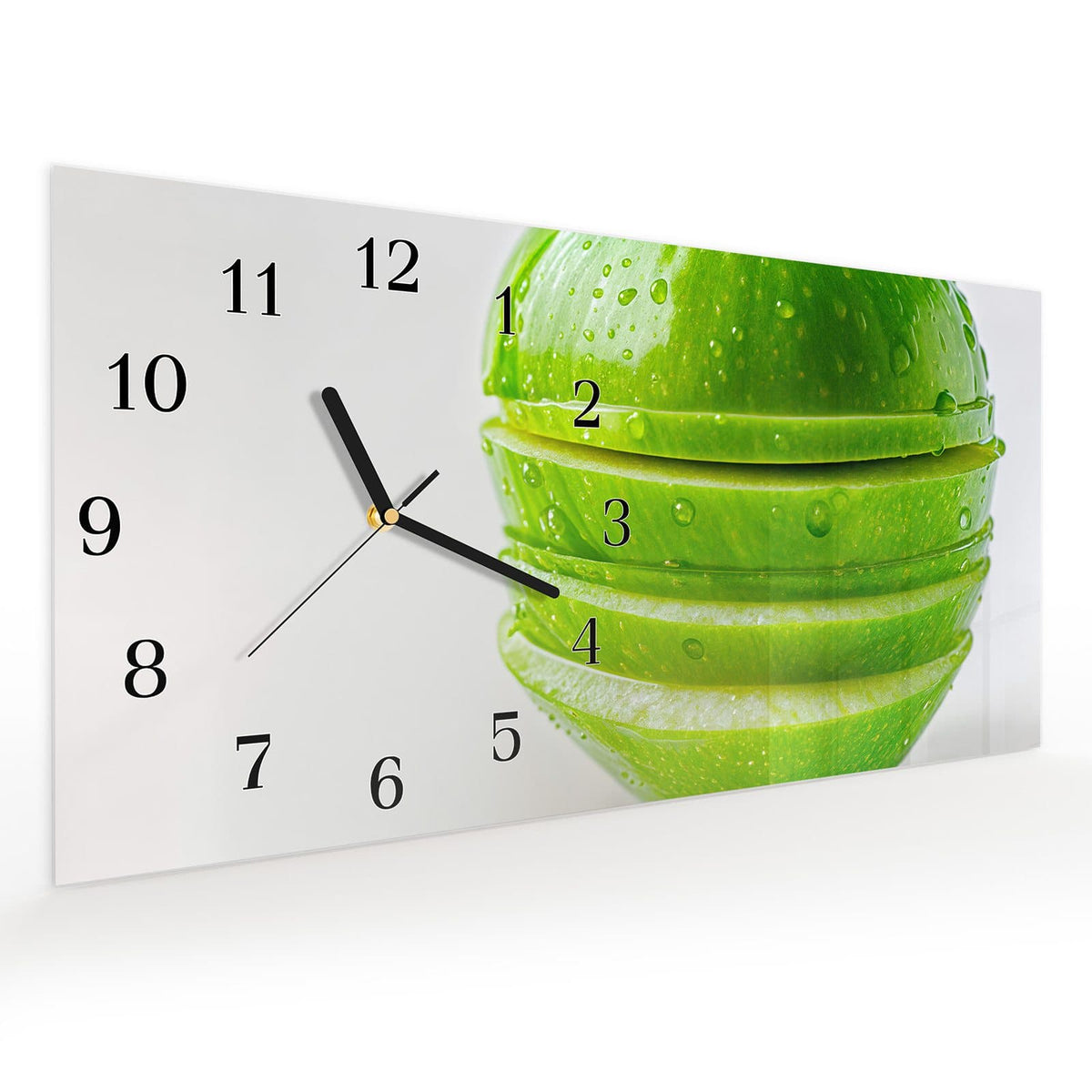Vormontiert – mit Schwebeeffekt – Wanduhr Geschnittener Apfel aus Glas – Querformat 60 × 30 cm