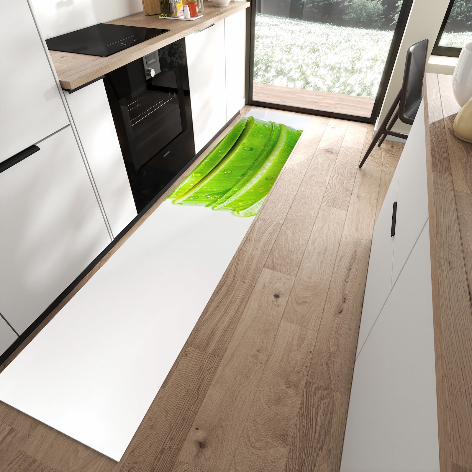 Schmutzabweisender Küchenteppich mit Motiv Geschnittener Apfel in moderner Küche