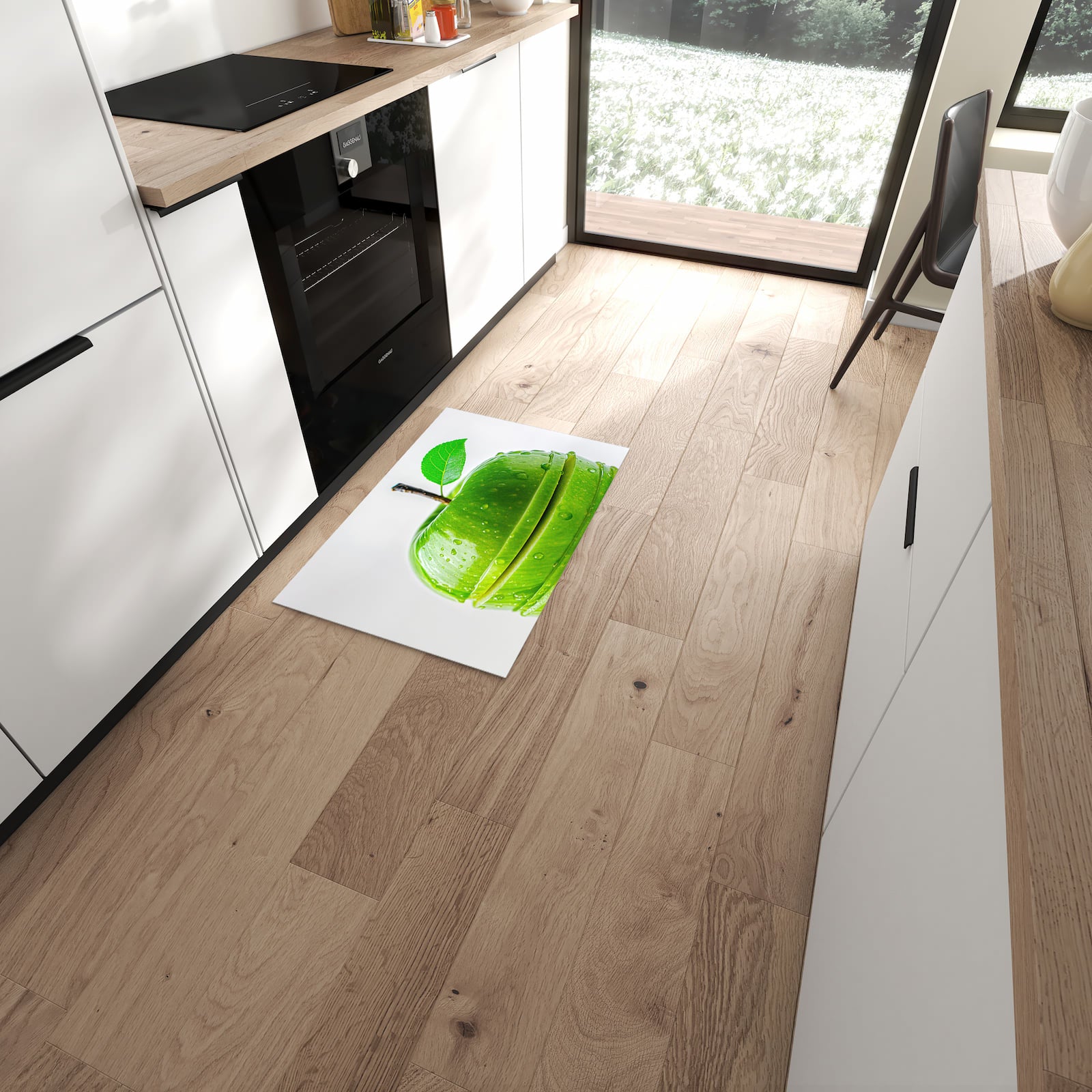Geruchsneutraler Teppich in Küche mit Motiv Geschnittener Apfel in moderner Küche