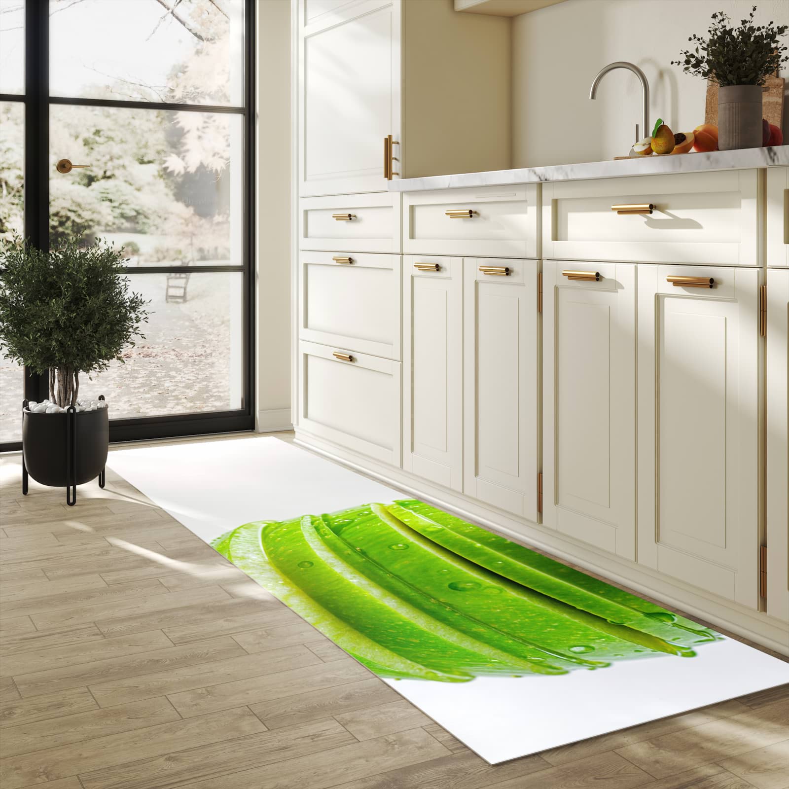 Fleckenresistenter waschbarer Läufer mit Motiv Geschnittener Apfel in heller Küche